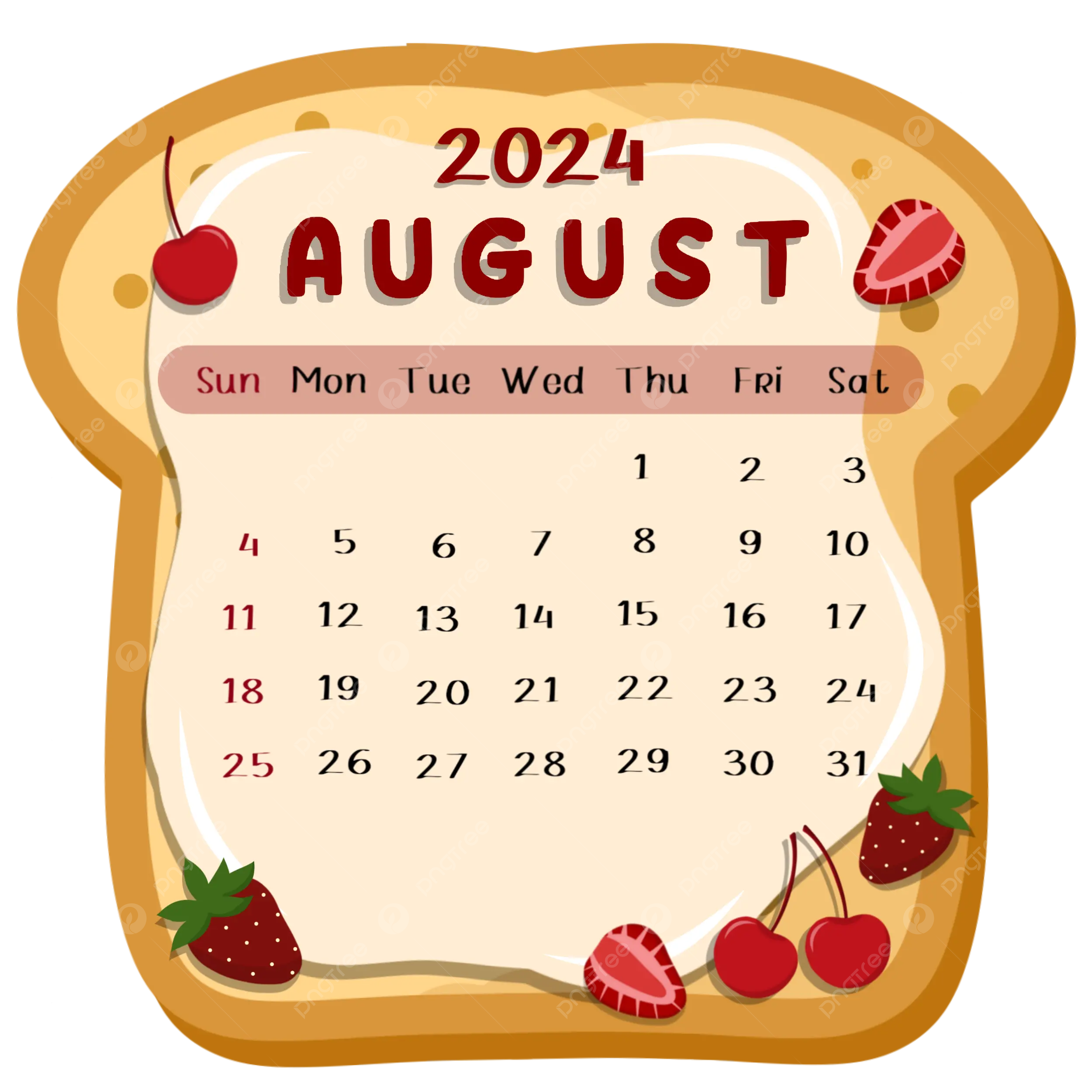 August 2024 Calendar Fruits Bread, 2024, Monthly Calendar, August for August Calendar Clipart 2024