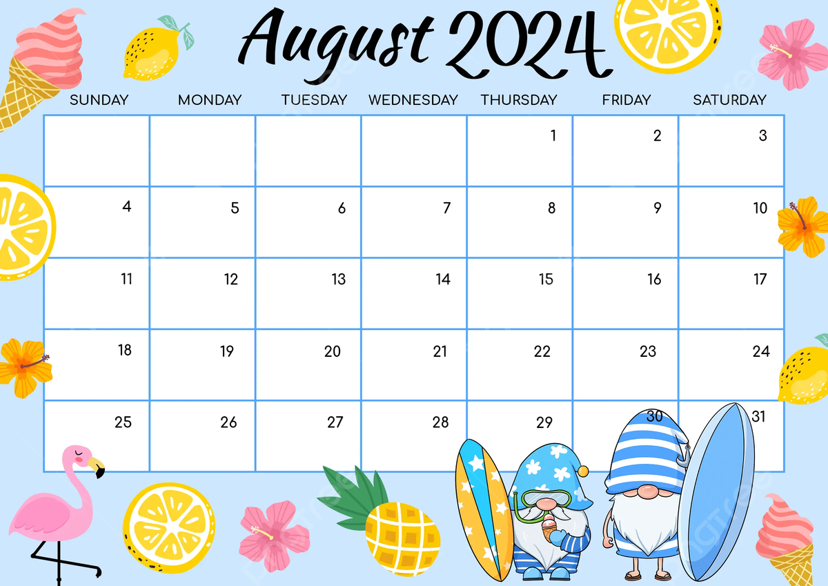 August 2024 Calendar With Flamingo In Multicolored Cartoon Style in August Calendar Clip Art 2024