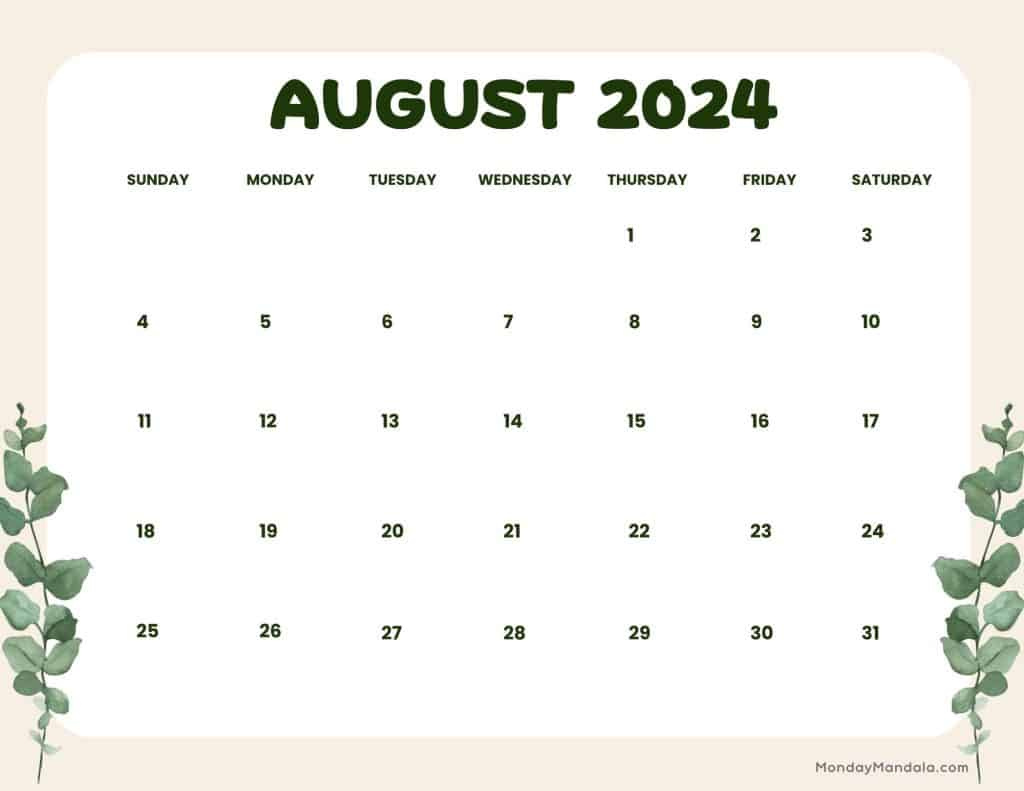 August 2024 Calendars (52 Free Pdf Printables) intended for August 2024 Calendar Printable Landscape