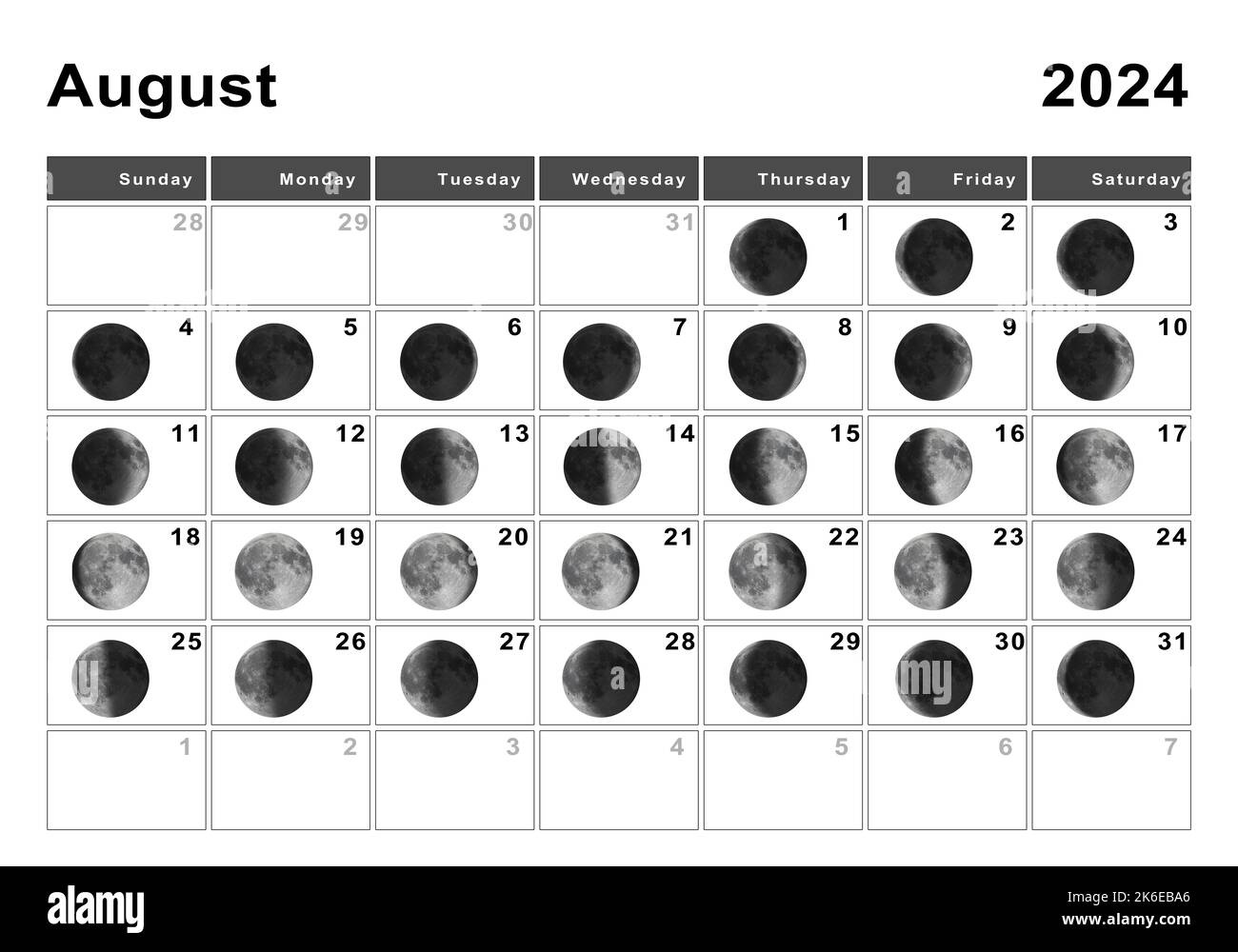 August 2024 Lunar Calendar, Moon Cycles, Moon Phases Stock Photo for August Calendar Moon 2024