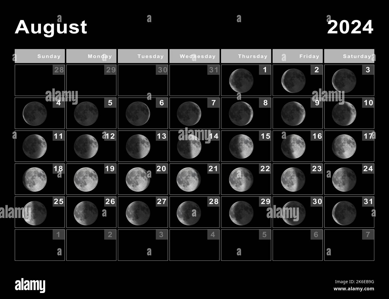 August 2024 Lunar Calendar, Moon Cycles, Moon Phases Stock Photo regarding Moon Calendar August 2024