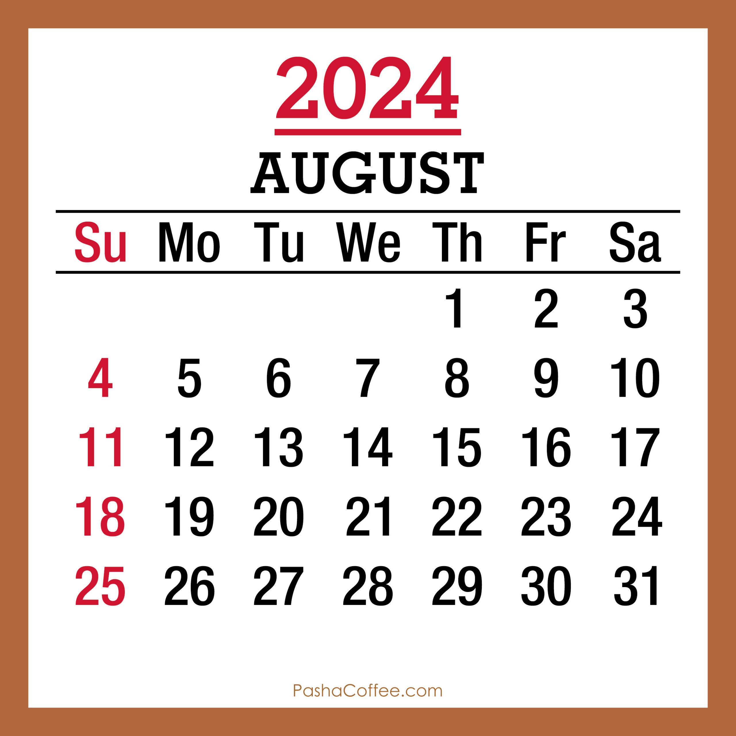 August 2024 Monthly Calendar With Holidays, Printable Free, Beige for Calendar August 24