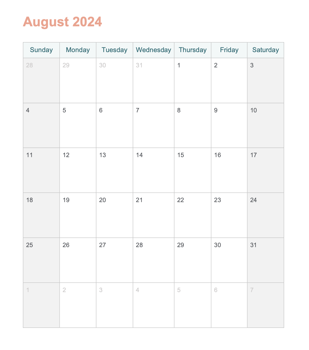 August 2024 Printable Calendar With Word - Agendrix in Printable August 2024 Calendar Word