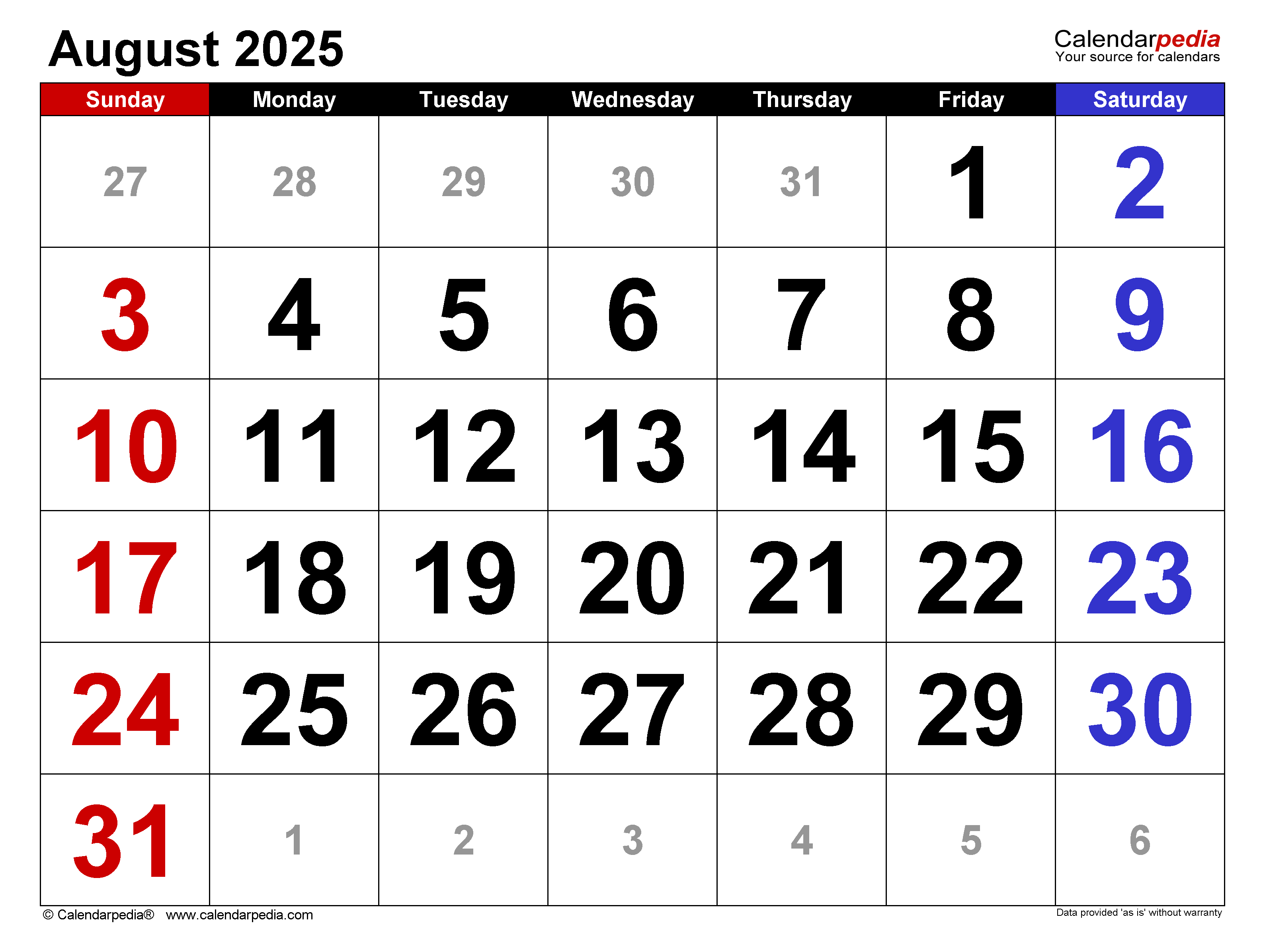 August 2025 Calendar | Templates For Word, Excel And Pdf in August 2025 Calendar