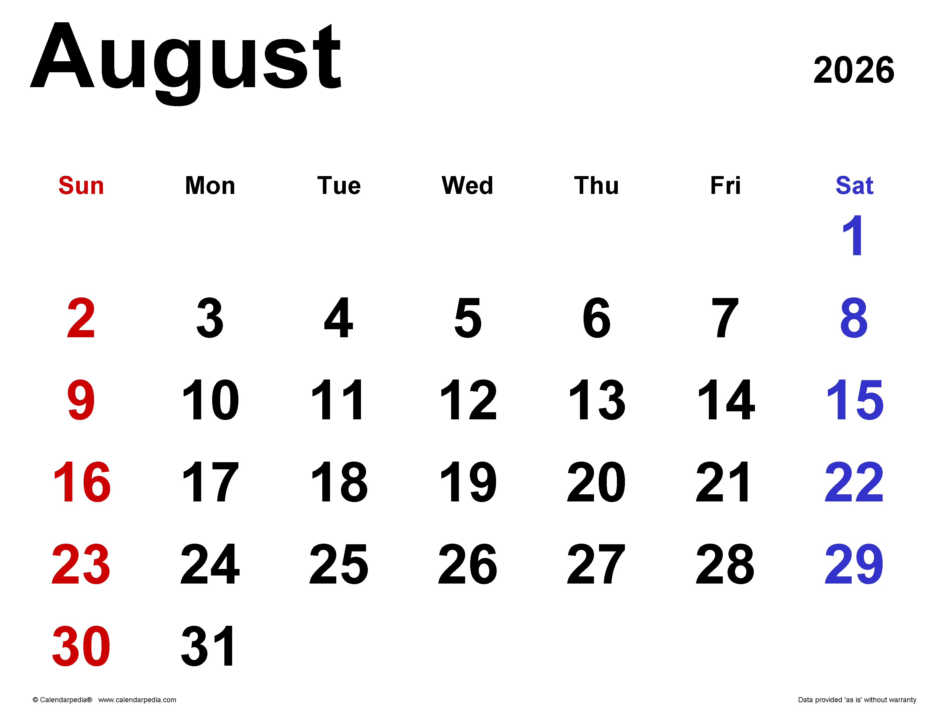 August 2026 Calendar | Templates For Word, Excel And Pdf with regard to August 2026 Calendar