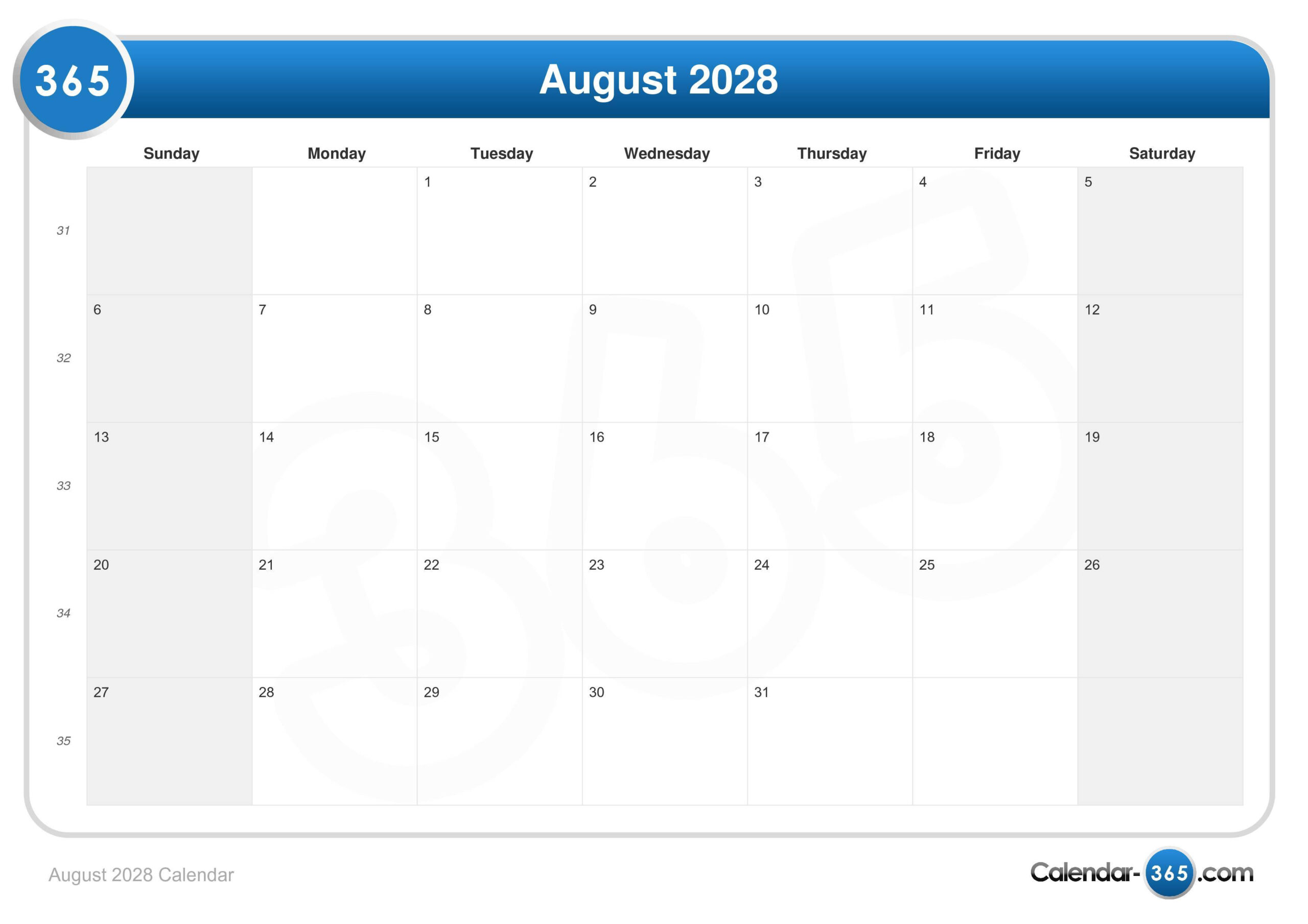 August 2028 Calendar within August 2028 Calendar