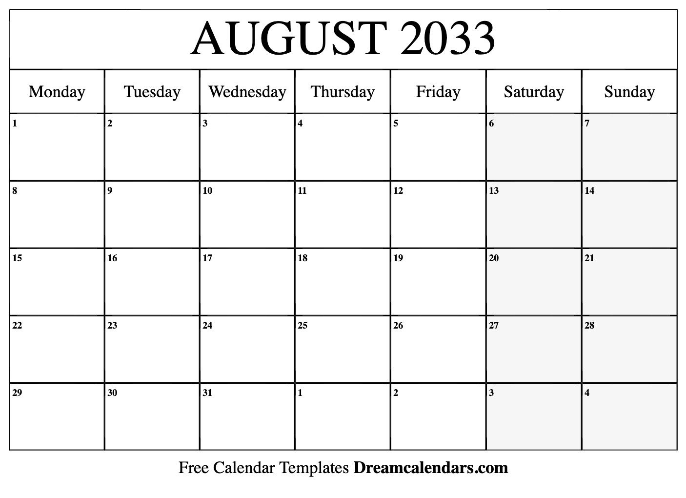 August 2033 Calendar - Free Printable With Holidays And Observances regarding August 2033 Calendar