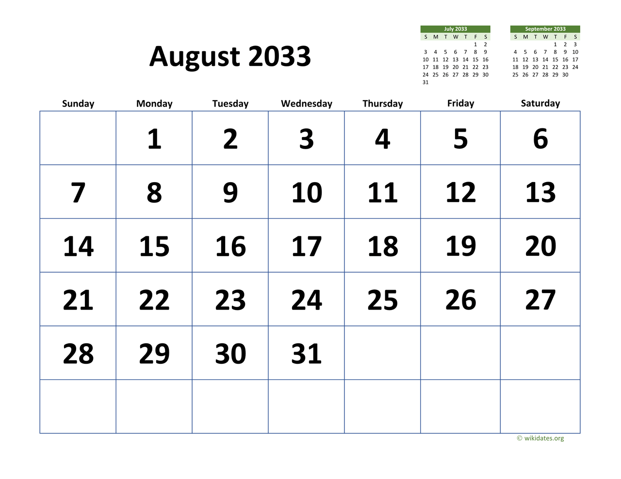 August 2033 Calendar With Extra-Large Dates | Wikidates pertaining to August 2033 Calendar