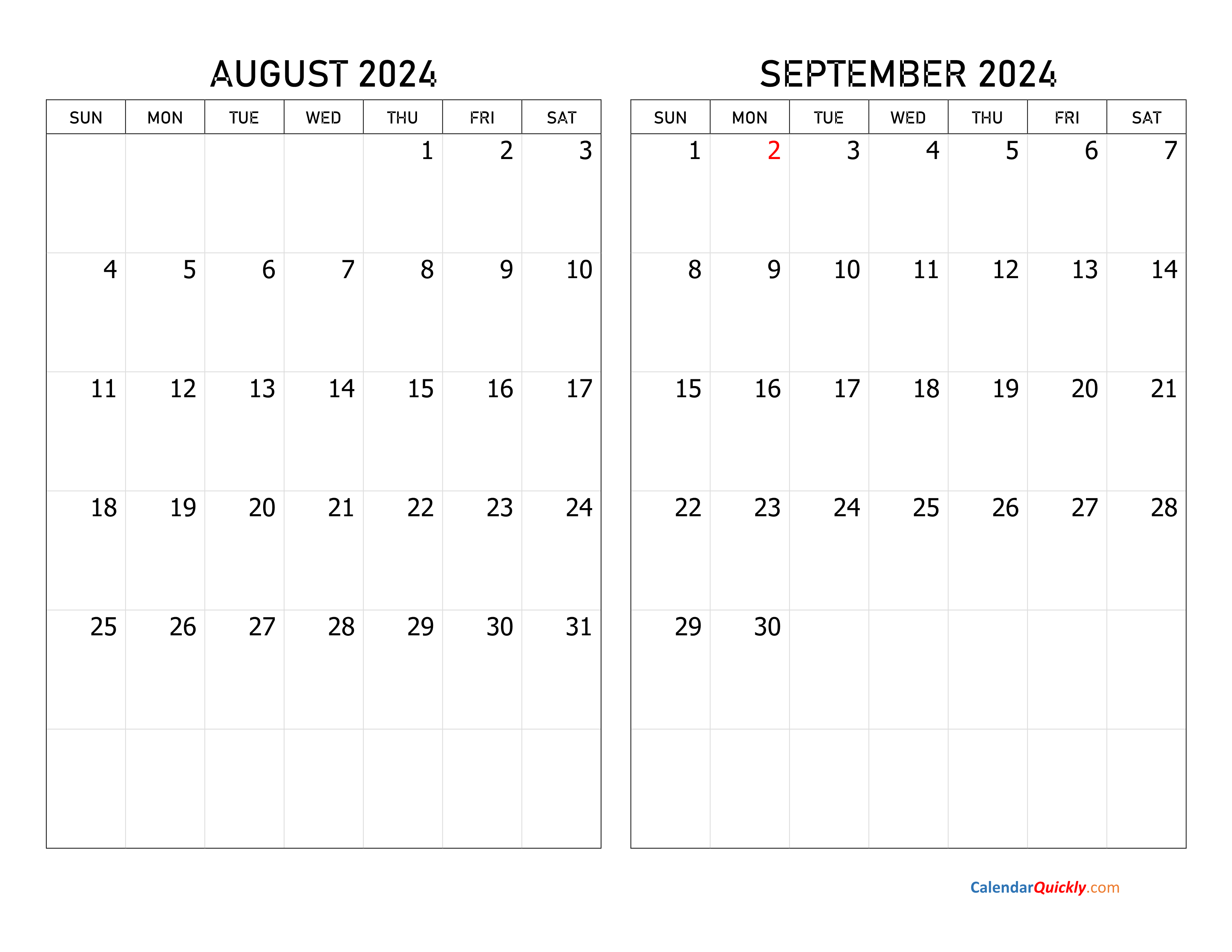 August And September 2024 Calendar | Calendar Quickly for August-September 2024 Calendar