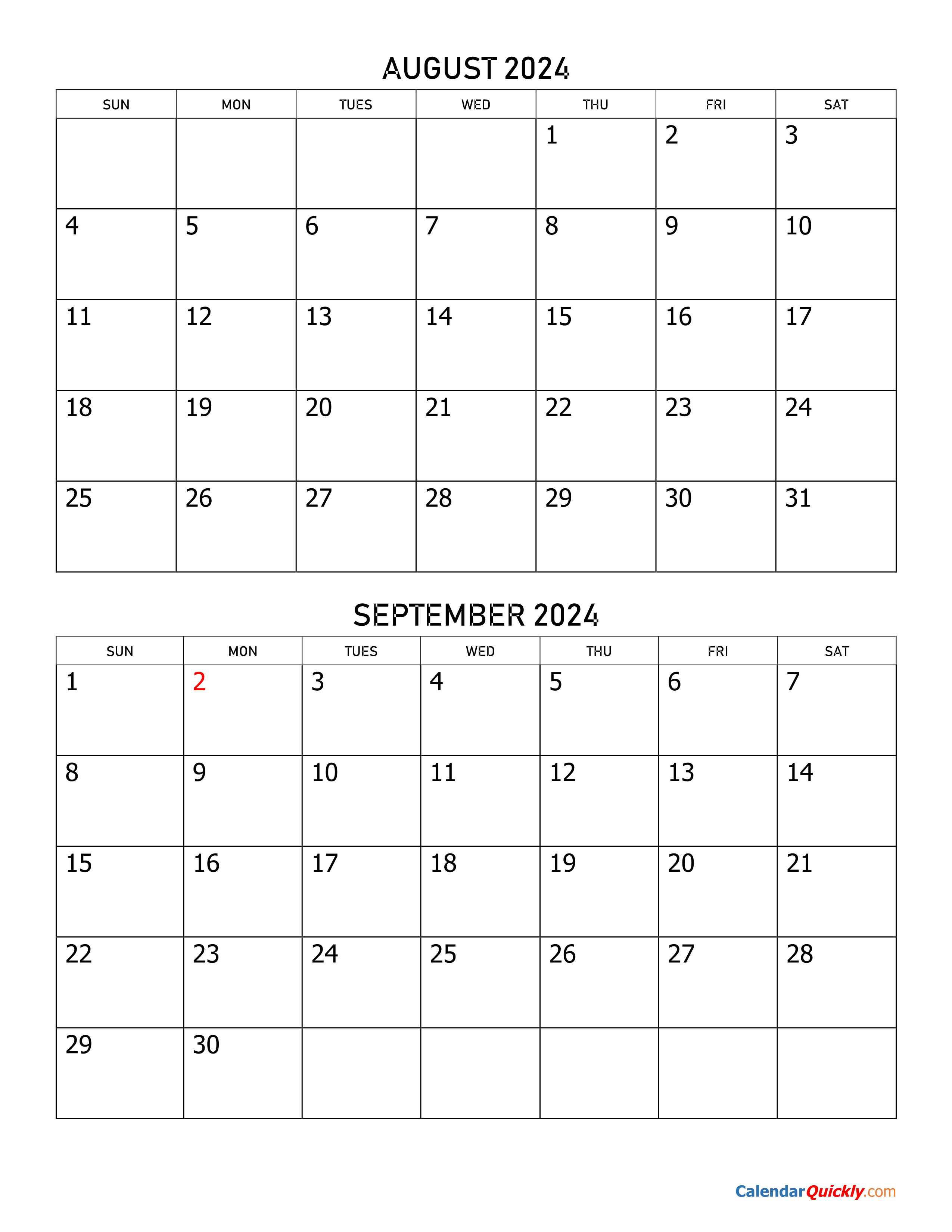 August And September 2024 Calendar | Calendar Quickly inside Printable Monthly Calendar August And September 2024