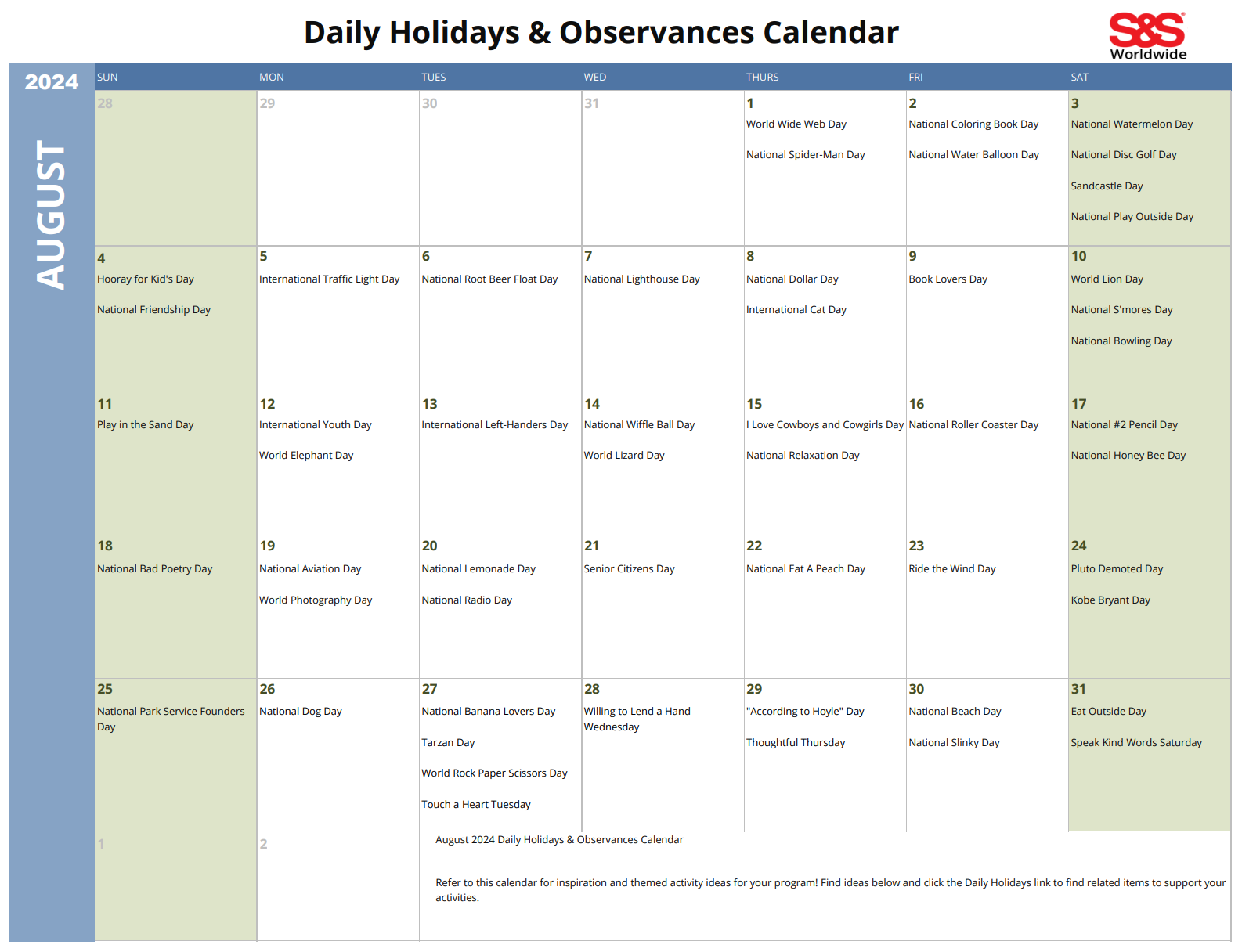 August Daily Holidays &amp;amp; Observances Printable Calendar - S&amp;amp;S Blog throughout National Day Calendar August 2024