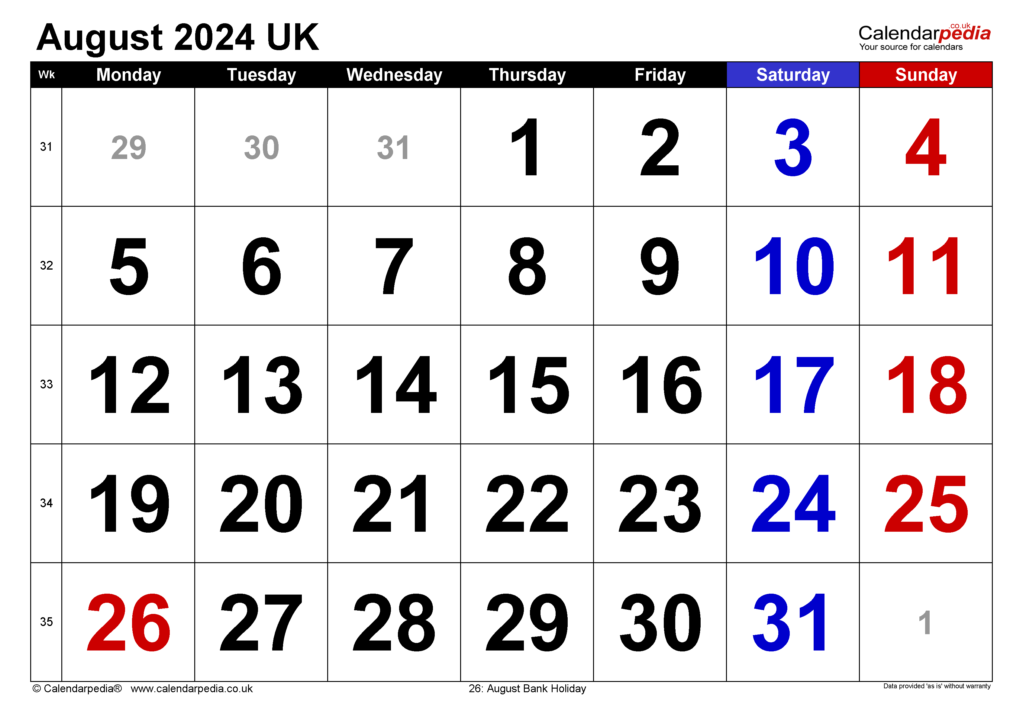 Calendar August 2024 Uk With Excel, Word And Pdf Templates for Weekly Calendar August 2024 Printable