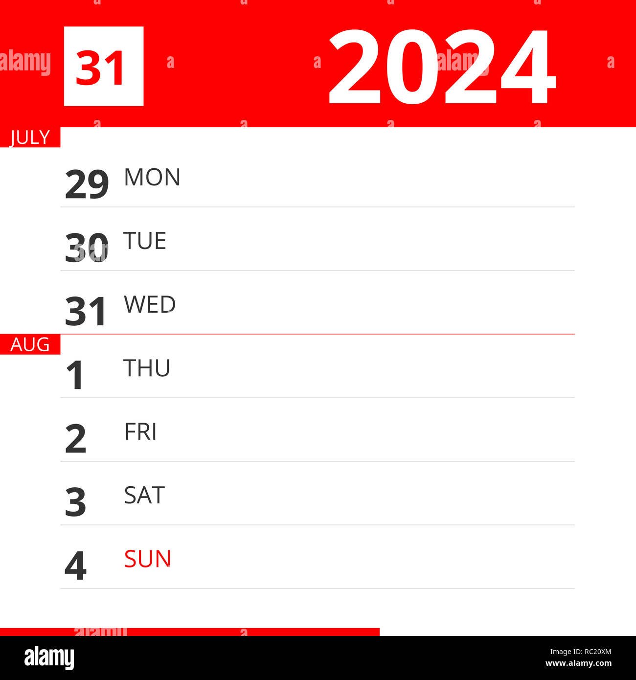 Calendar Planner For Week 31 In 2024, Ends August 4, 2024 Stock within August 4 2024 Calendar