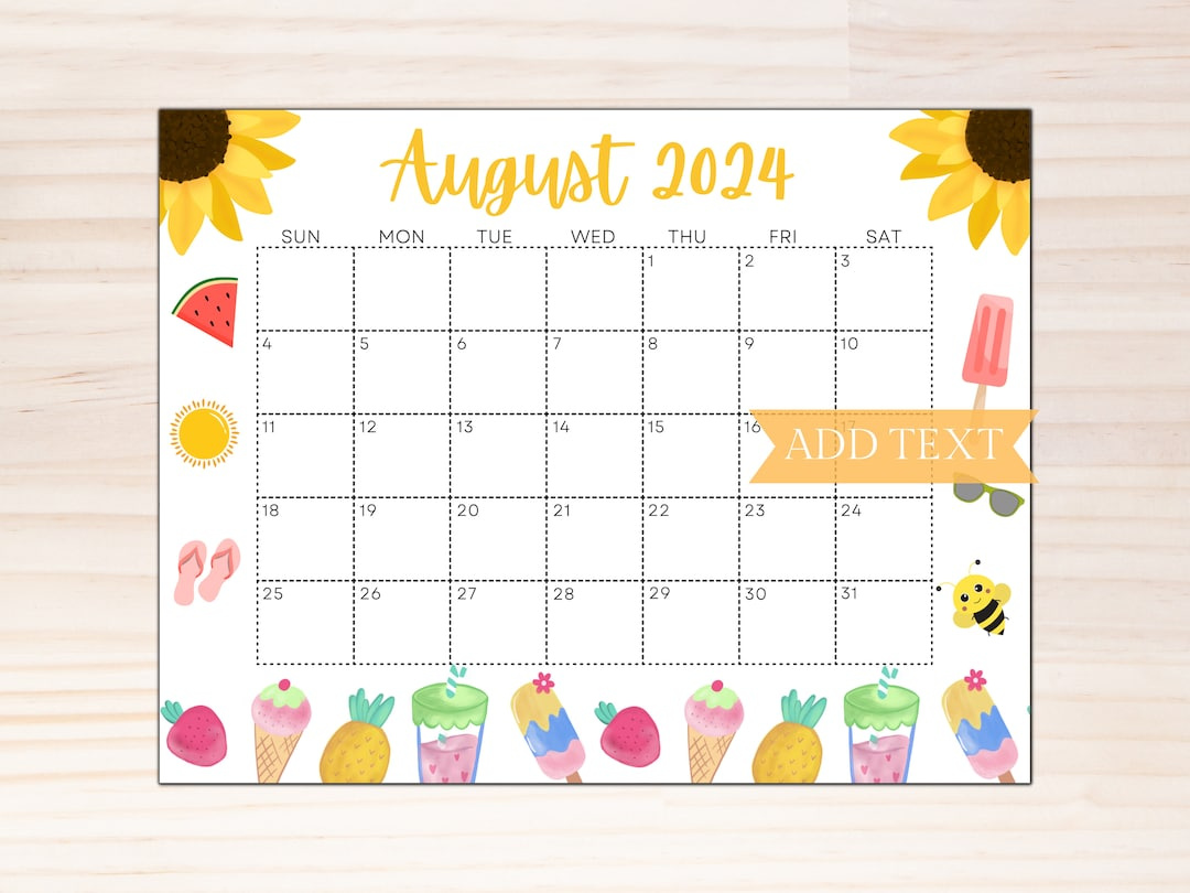 Editable August 2024 Calendar, Printable Calendar 2024, School Calendar, Kids Classroom Calendar, Sunflower Calendar, Summer Planner - Etsy pertaining to August Calendar Printable Free 2024