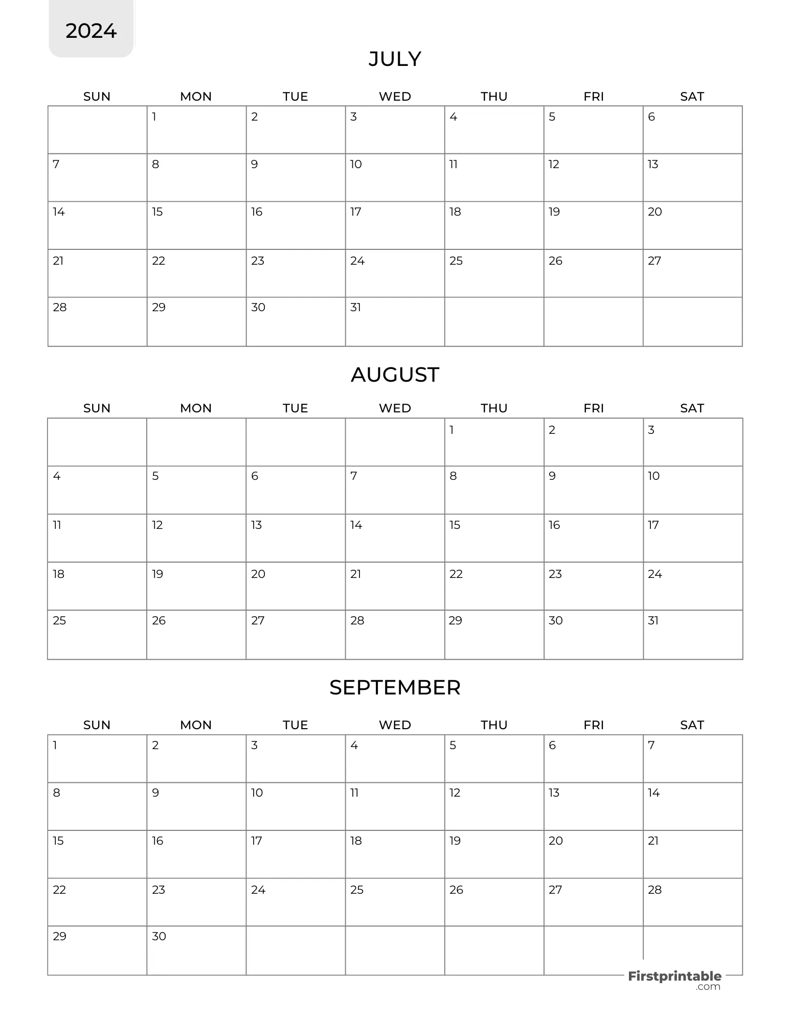 Free 3 Month Calendars 2024 for June July And August 2024 Printable Calendar