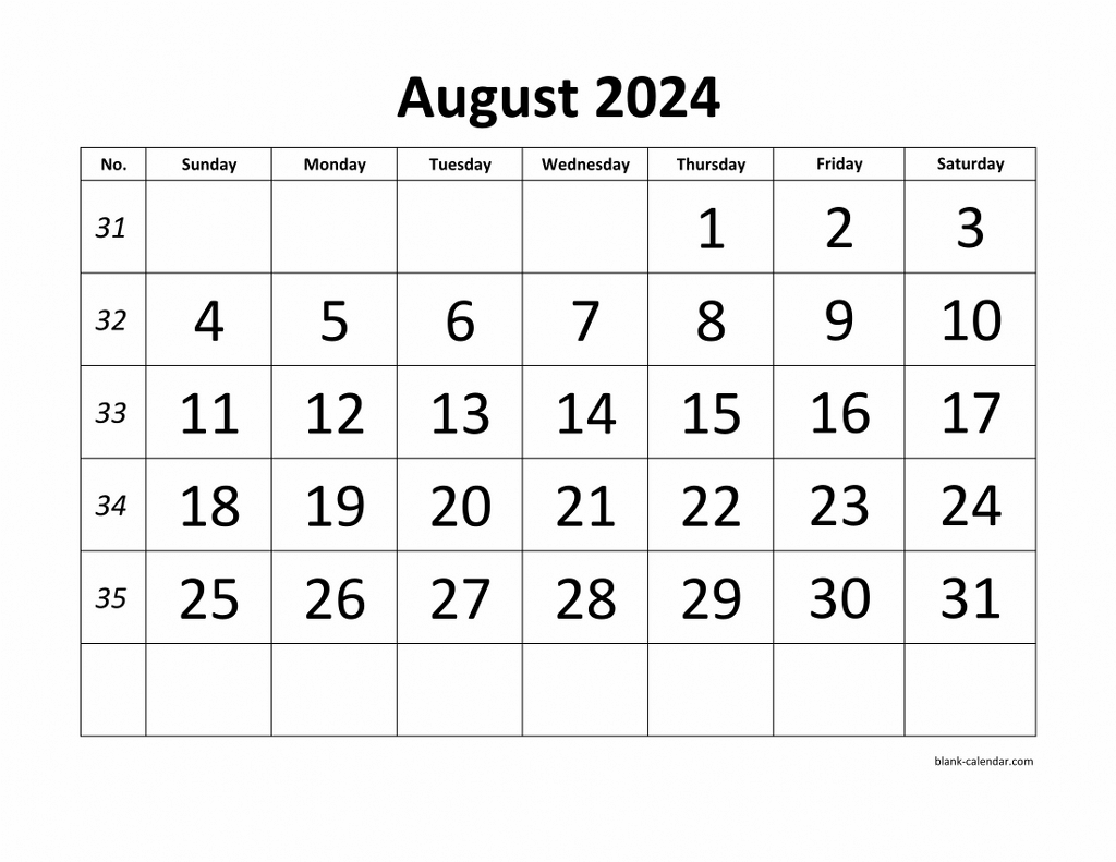 Free Download Printable August 2024 Calendar, Large Font Design inside August 2024 Calendar Printable Free Word