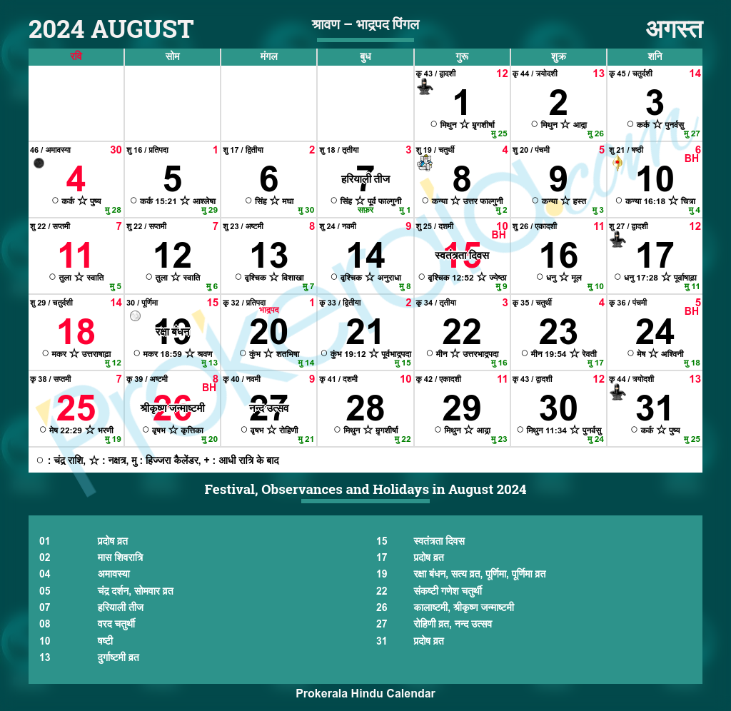 Hindu Calendar 2024, August in Calendar 2024 August Month