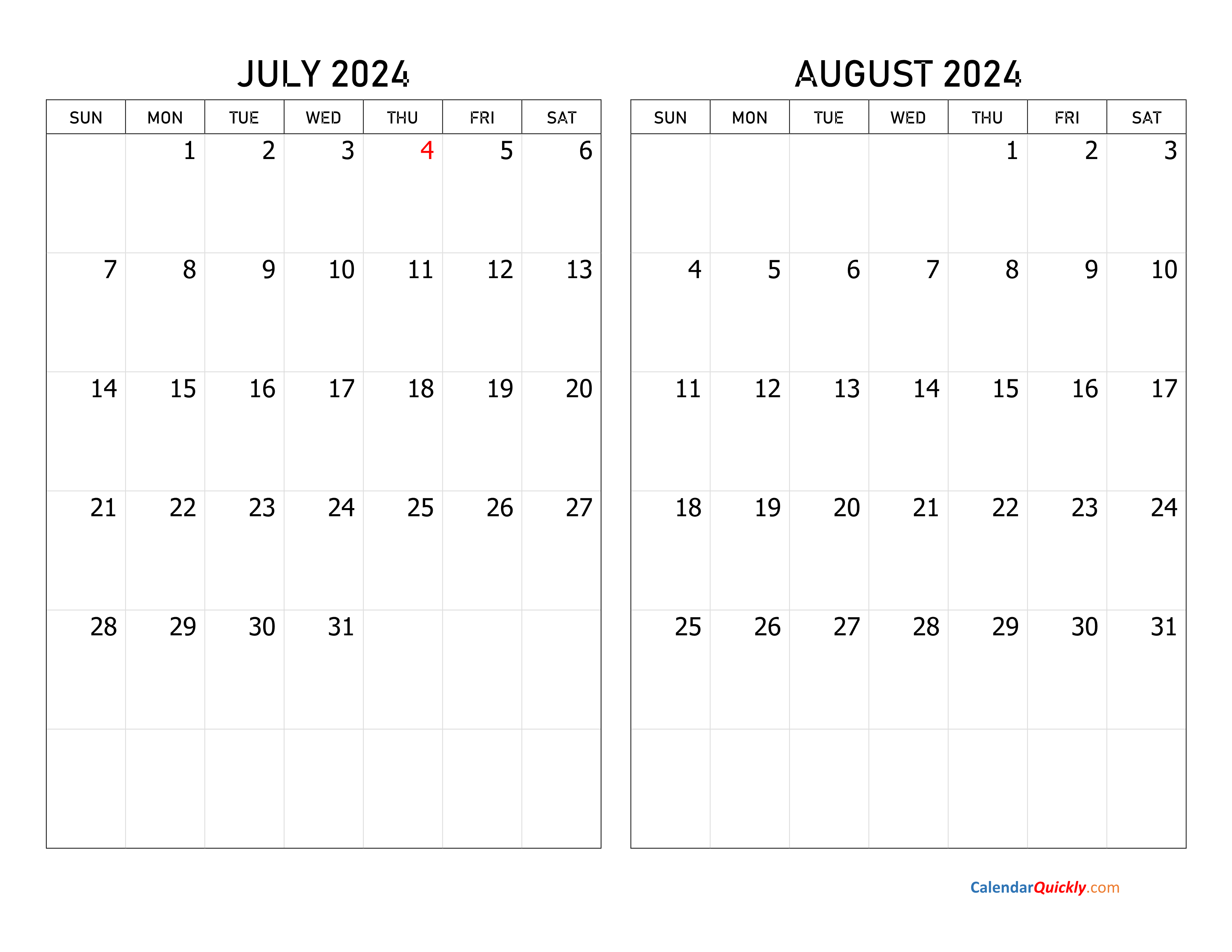 July And August 2024 Calendar | Calendar Quickly in July August Calendar 2024