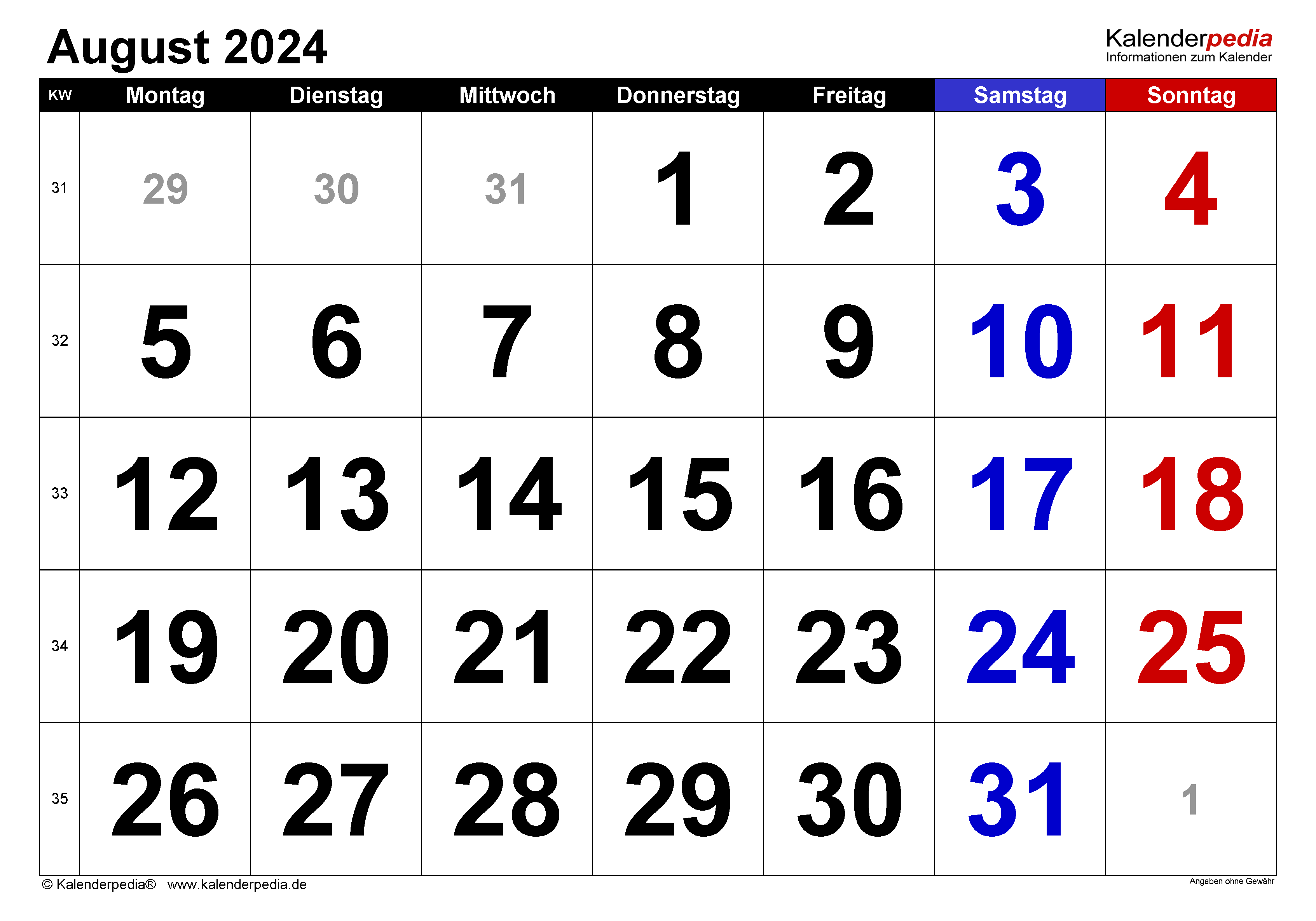 Kalender August 2024 Als Pdf-Vorlagen for Calender August 2024