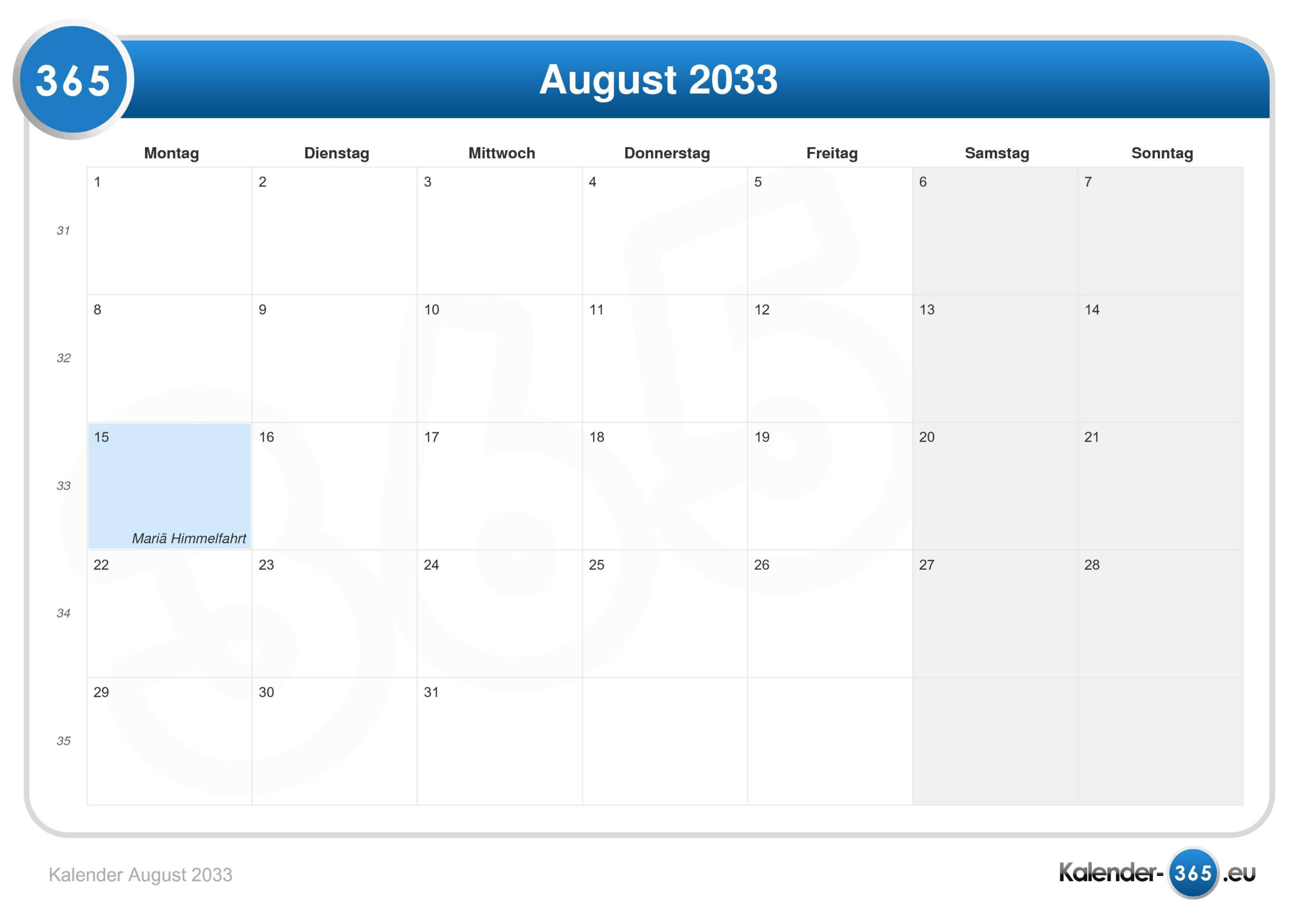 Kalender August 2033 for August 2033 Calendar