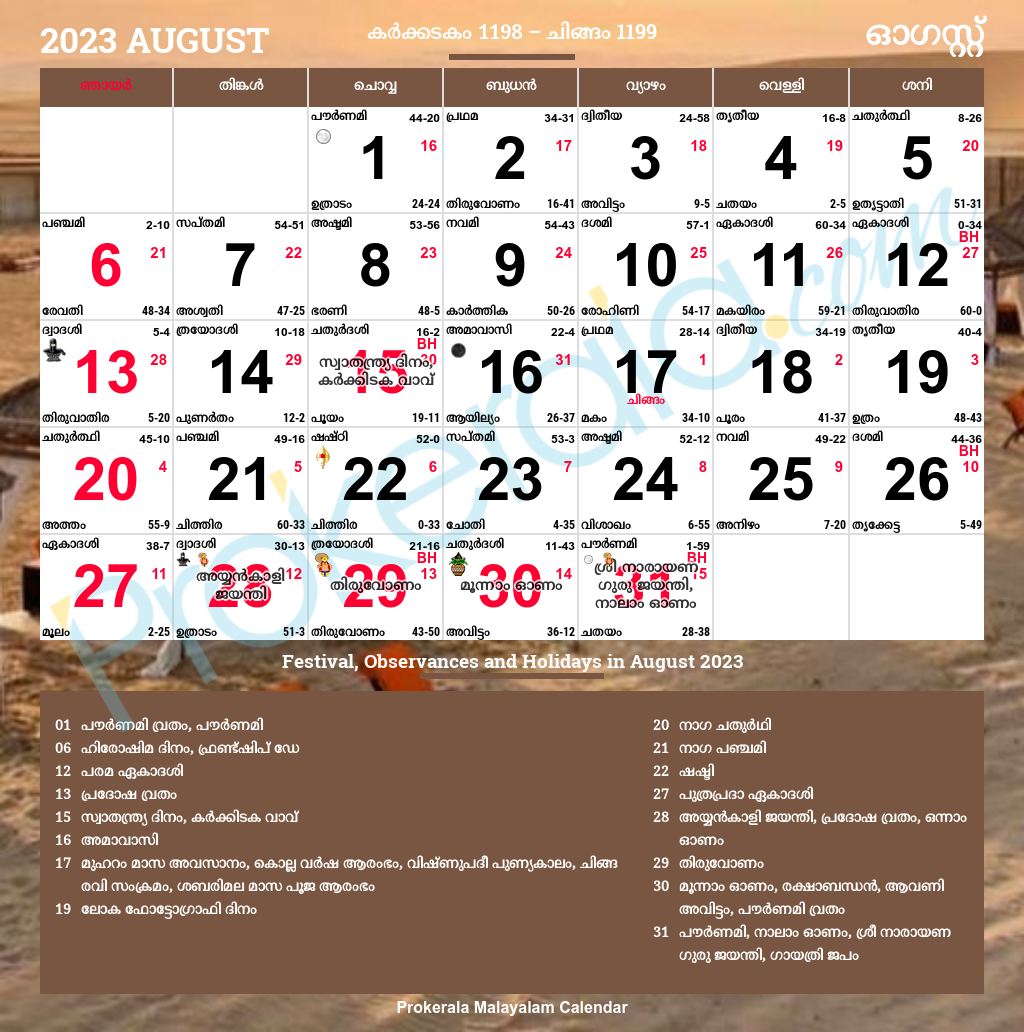 Malayalam Calendar 2023, August inside Malayalam Calendar 2024 August