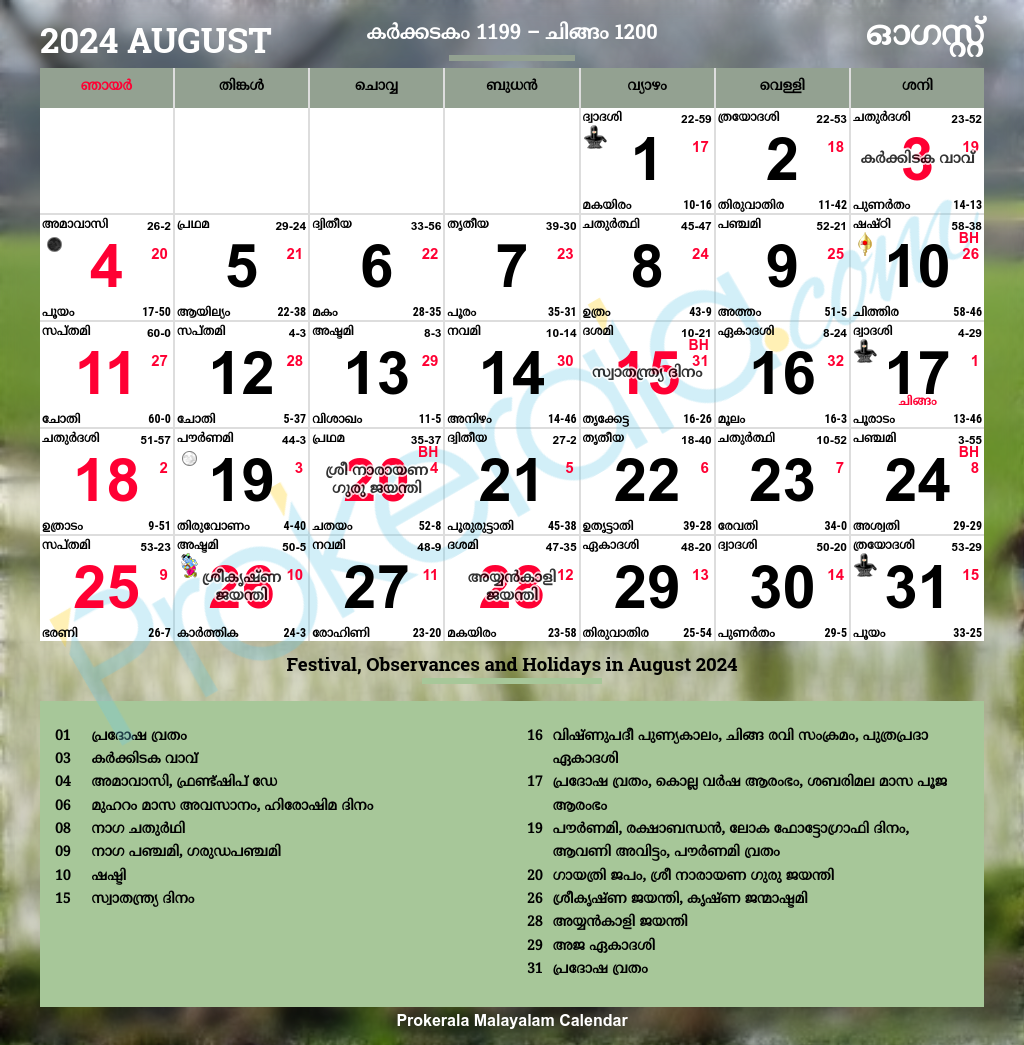 Malayalam Calendar 2024, August for Malayalam Calendar 2024 August