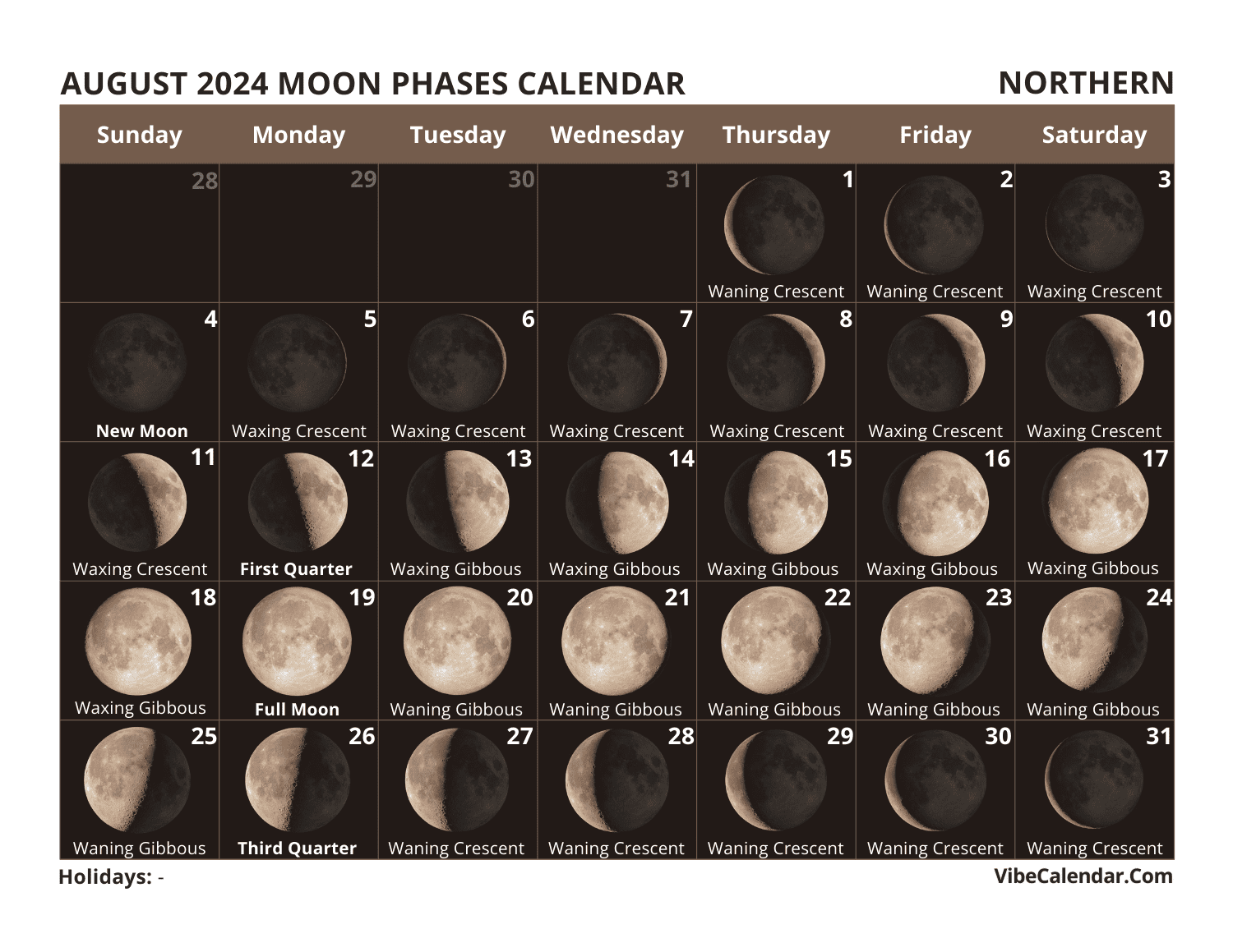 Moon Phases Calendar 2024: Printable Monthly Templates for August 2024 Moon Calendar