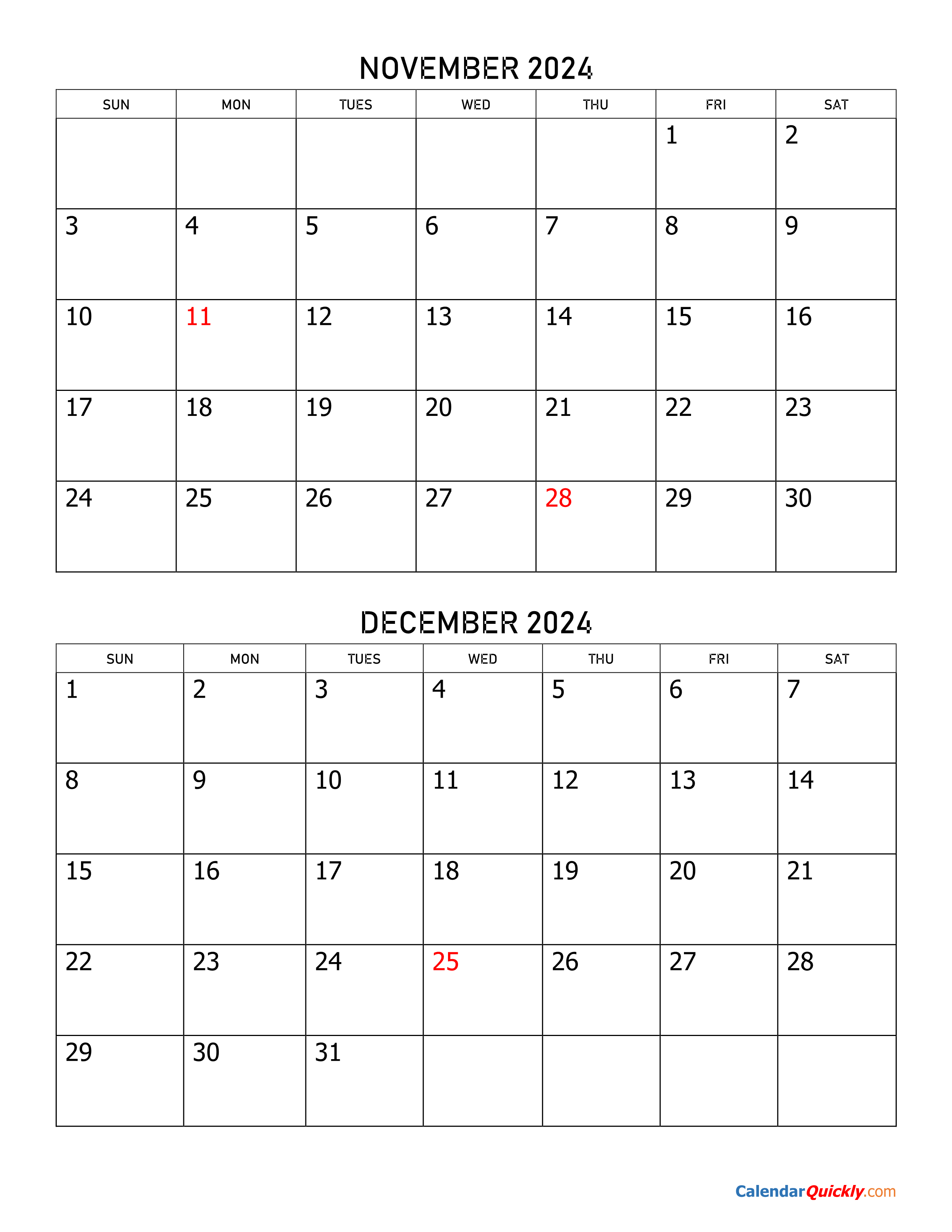 November And December 2024 Calendar | Calendar Quickly pertaining to Printable August September October 2024 Calendar