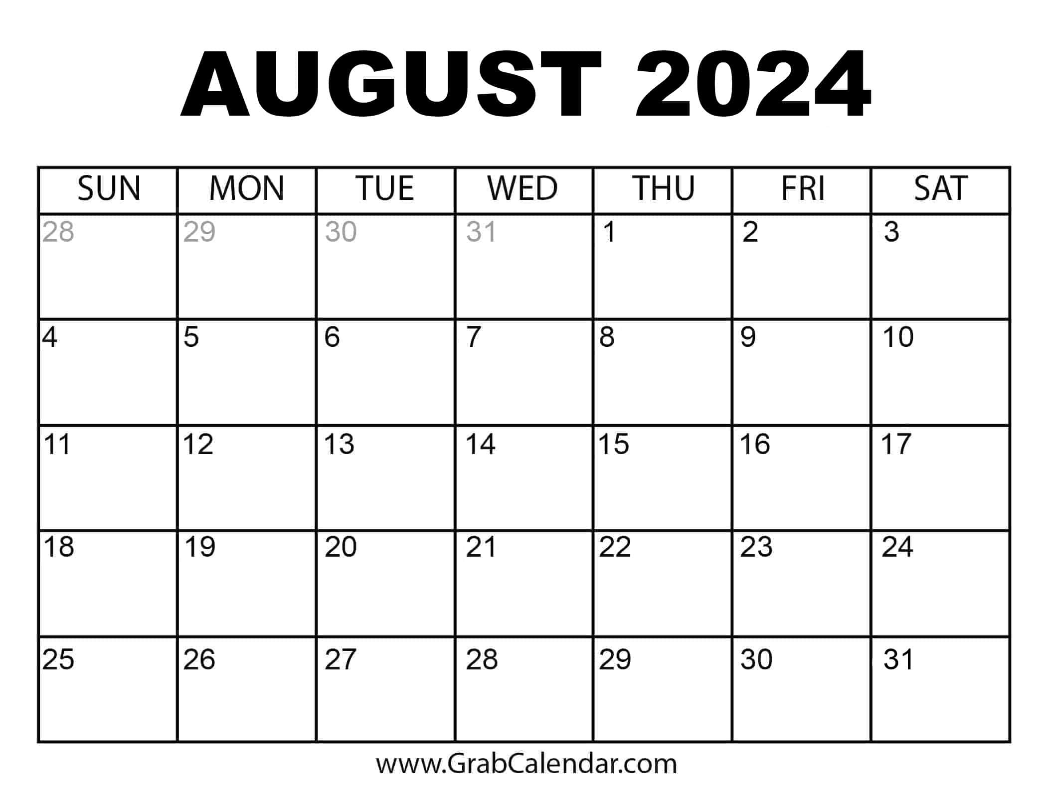 Printable August 2024 Calendar for August Calendar 2024