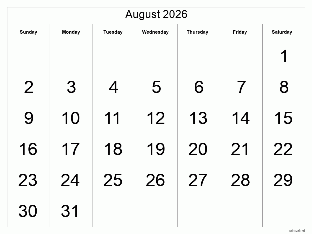 Printable August 2026 Calendar | Free Printable Calendars intended for August 2026 Calendar