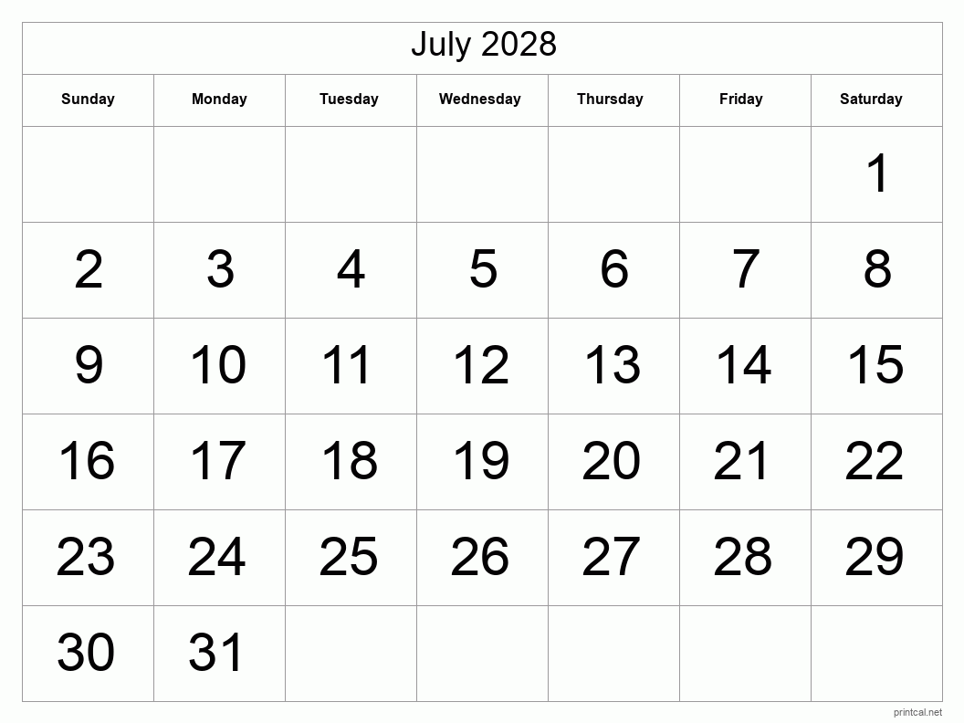 Printable July 2028 Calendar | Free Printable Calendars throughout August 2028 Calendar