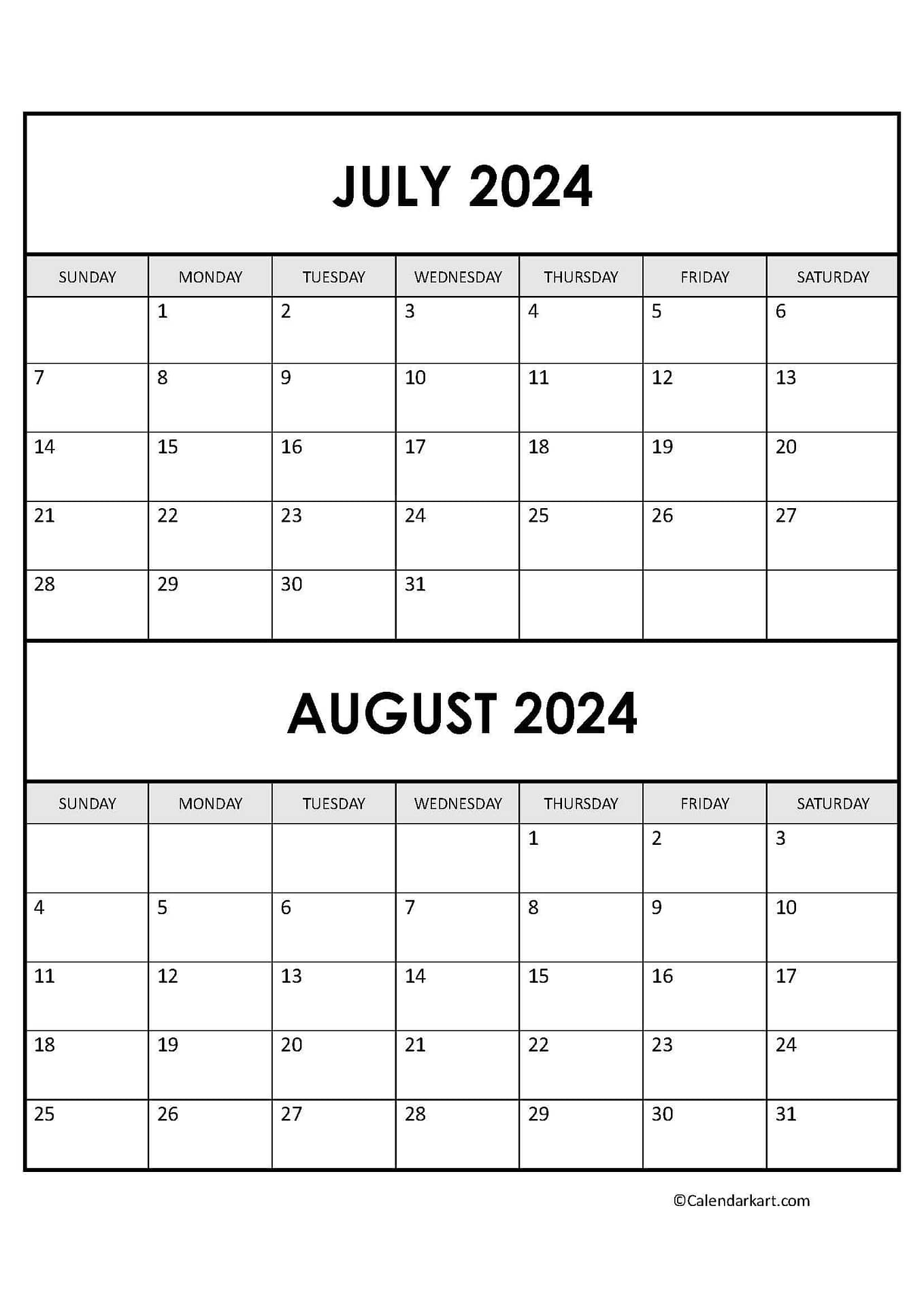 Printable July August 2024 Calendar | Calendarkart in July And August Calendar 2024 Printable