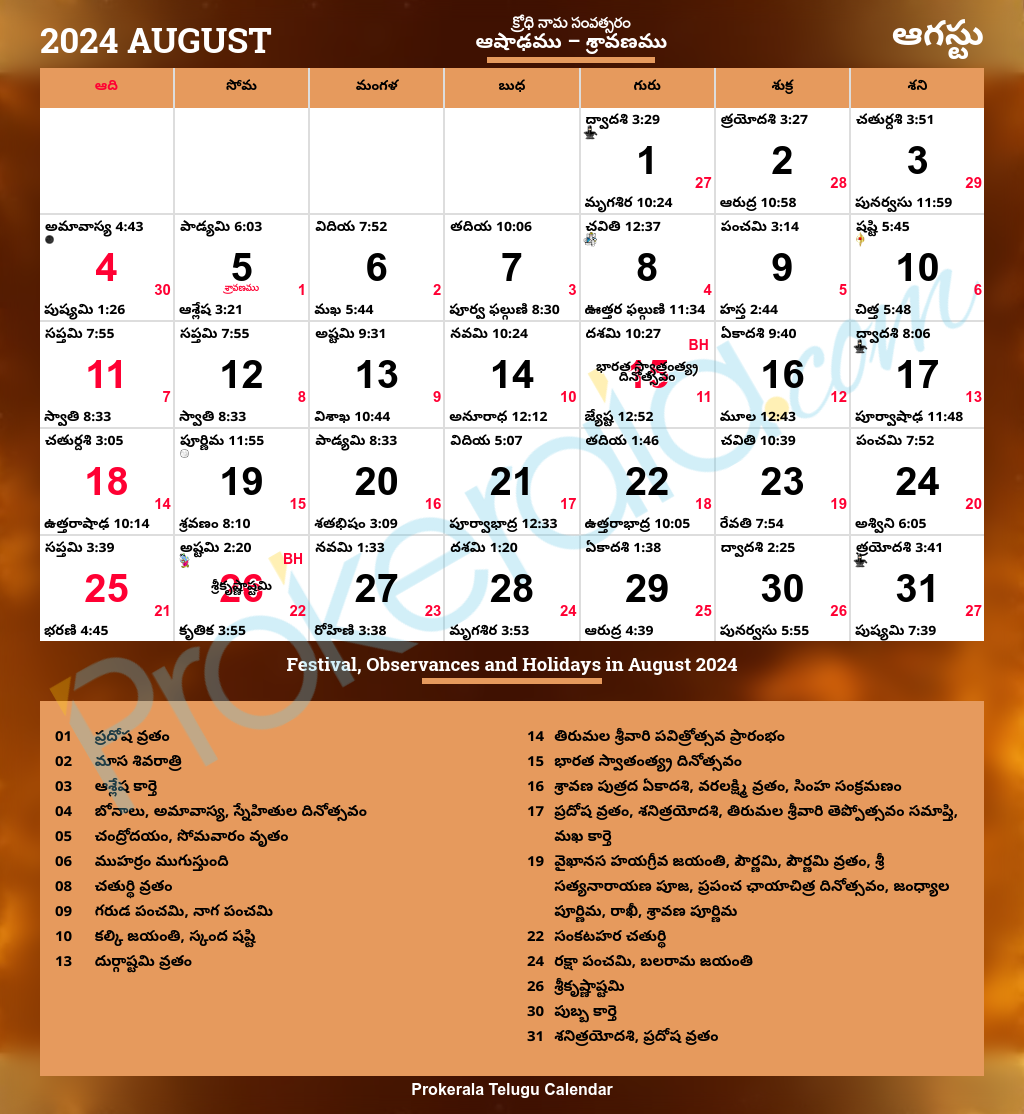 Telugu Calendar 2024, August intended for August Telugu Calendar 2024