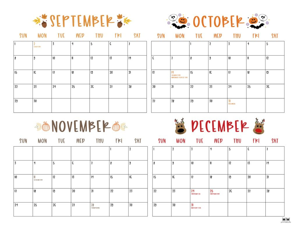 2024 Four Month Calendars - 18 Free Printables | Printabulls for September To December Calendar 2024 Printable