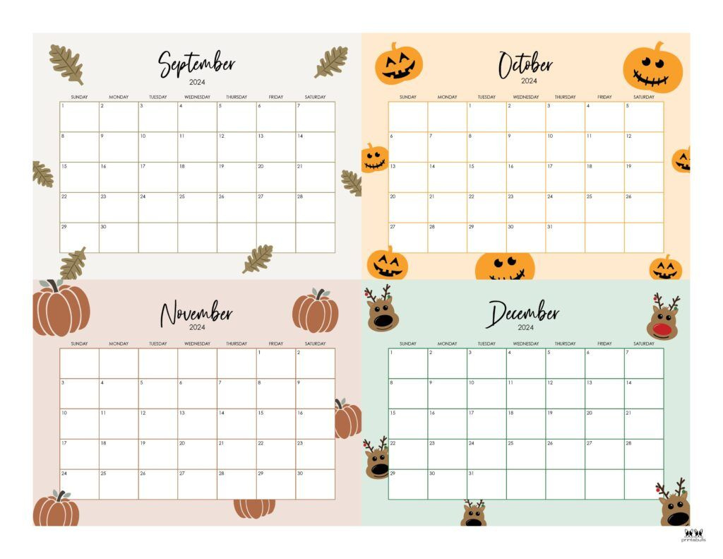 2024 Four Month Calendars - 18 Free Printables | Printabulls inside September October November 2024 Calendar Printable