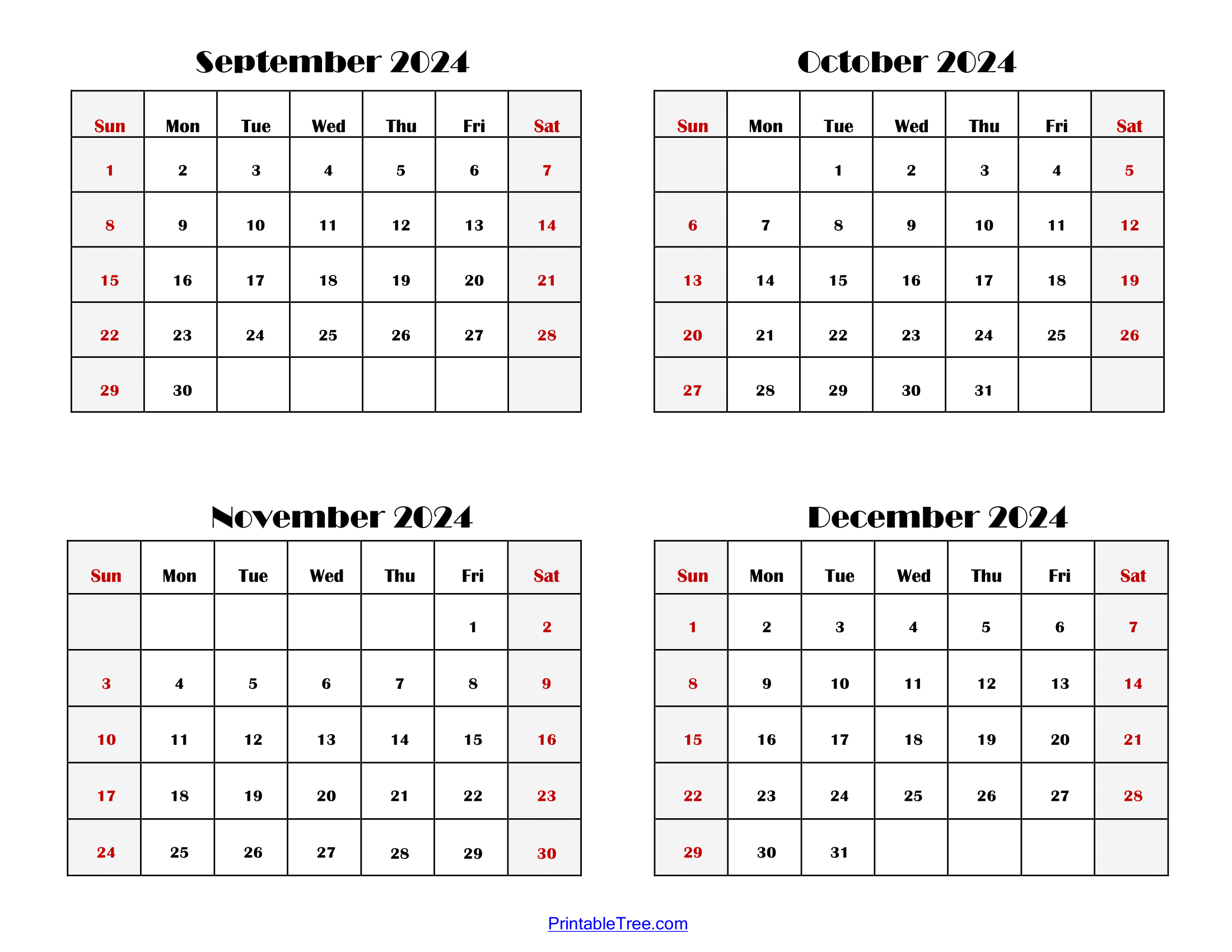 2024 Four Month Calendars Printable Pdf- 4 Months Calendar One Page pertaining to September To December 2024 Calendar