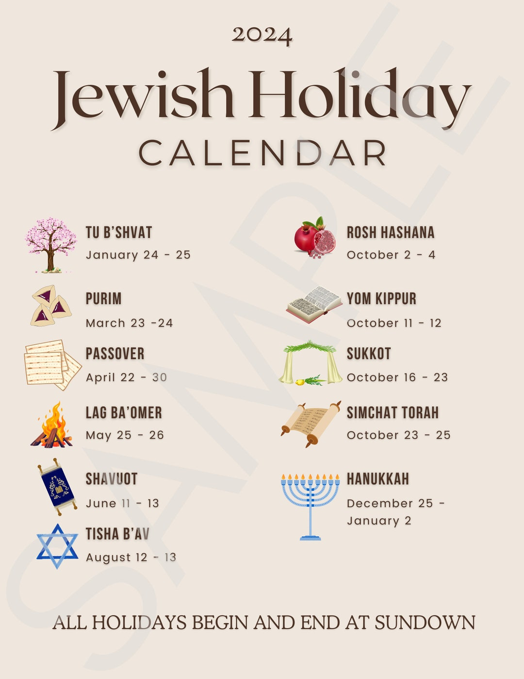 2024 Jewish Holiday Calendar - Etsy in September 2024 Jewish Calendar