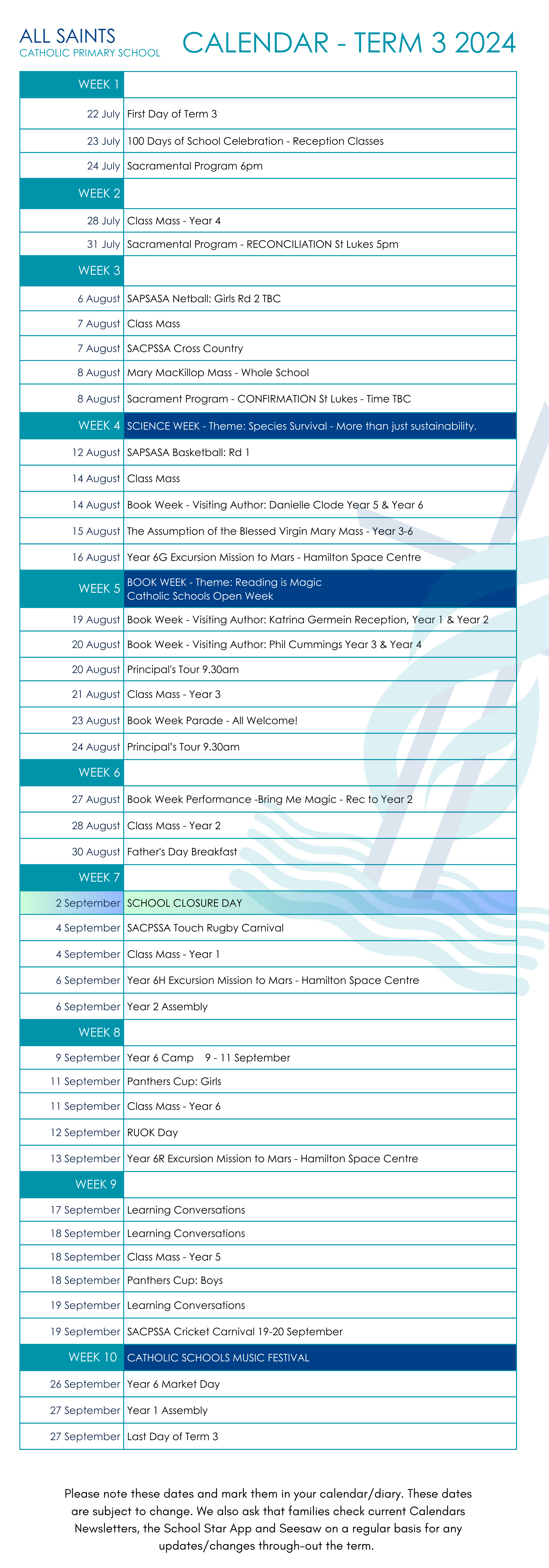 All Saints Catholic Primary School | School Calendar for September Saints Calendar 2024