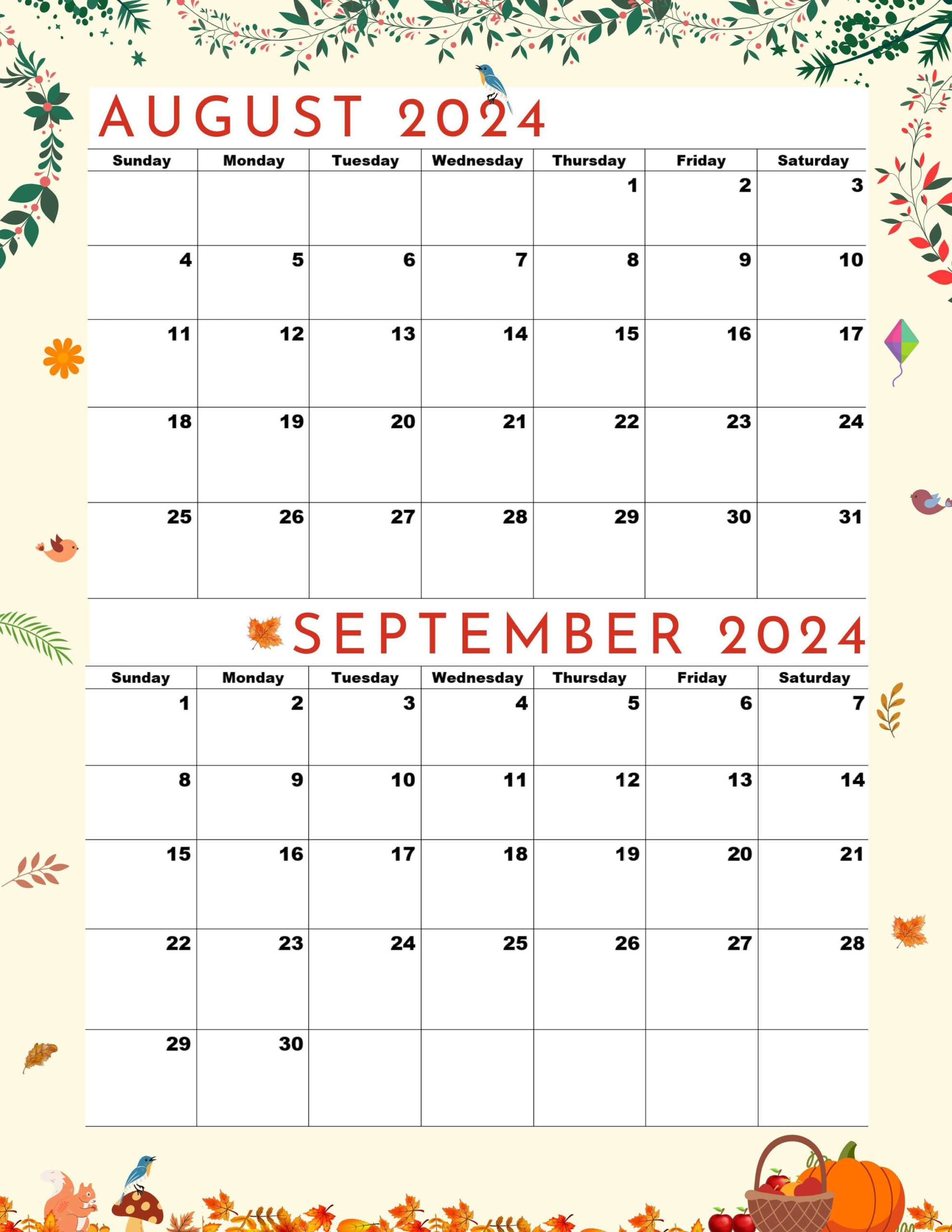 September 2024 To August 2024 Calendar Printable Calendar 2024