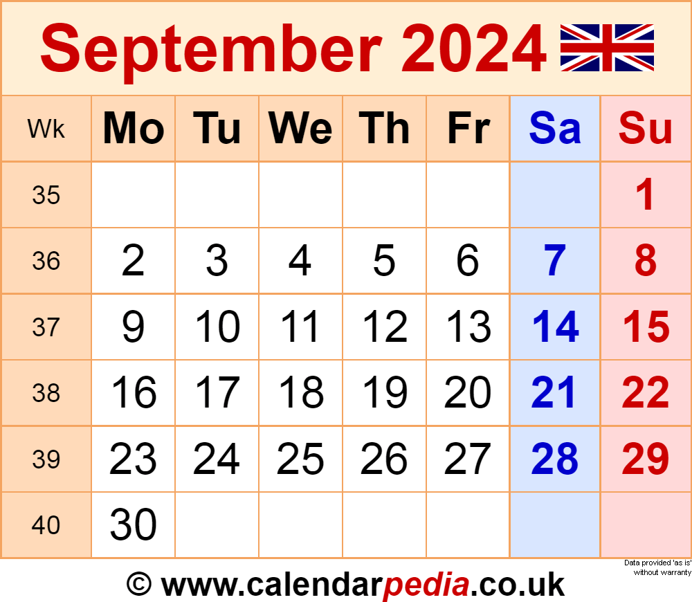 Calendar September 2024 Uk With Excel, Word And Pdf Templates inside Printable Calendar September 2024 Uk