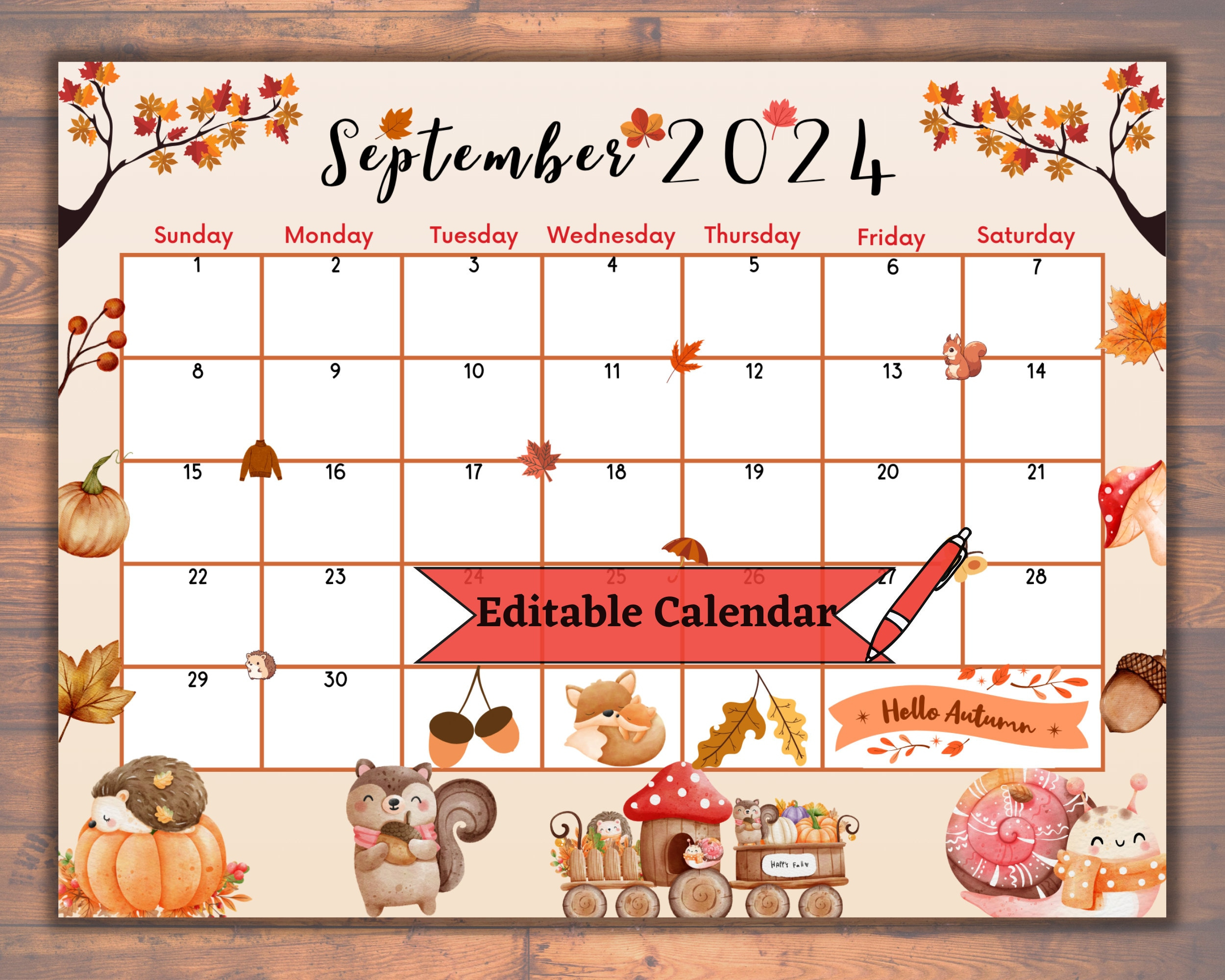 Editable Fillable September 2024 Calendar For Autumn, Fall, Back regarding September 2024 Calendar Ideas