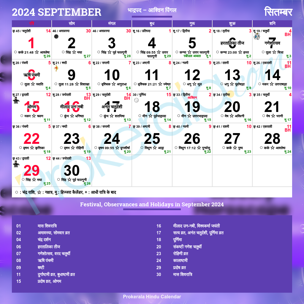 Hindu Calendar 2024, September in 2024 September Calendar With Nakshatra