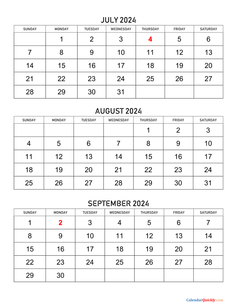 3 Month Vertical Calendar July-September 2024 | Printable Calendar 2024