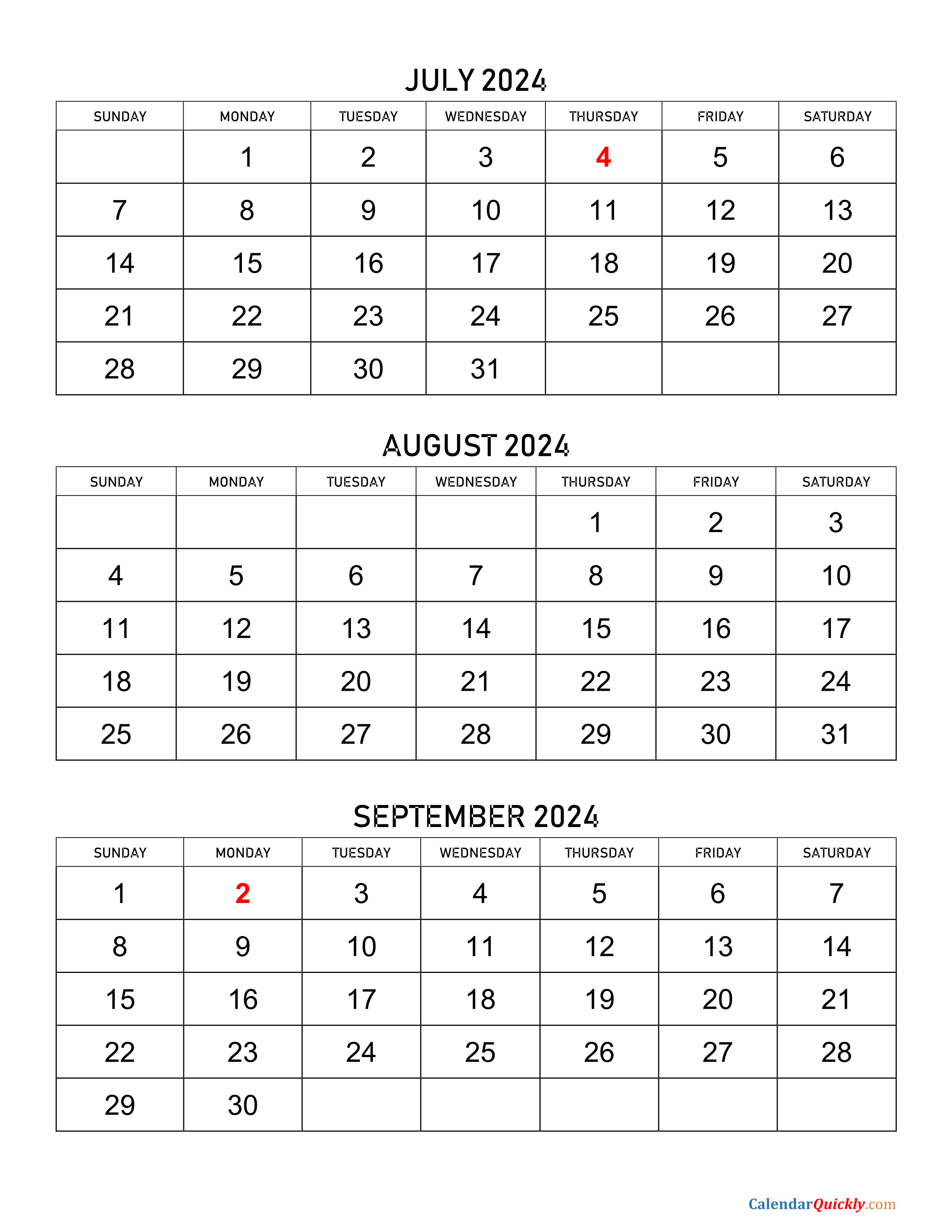 July To September 2024 Calendar | Calendar Quickly in 3 Month Vertical Calendar July-September 2024