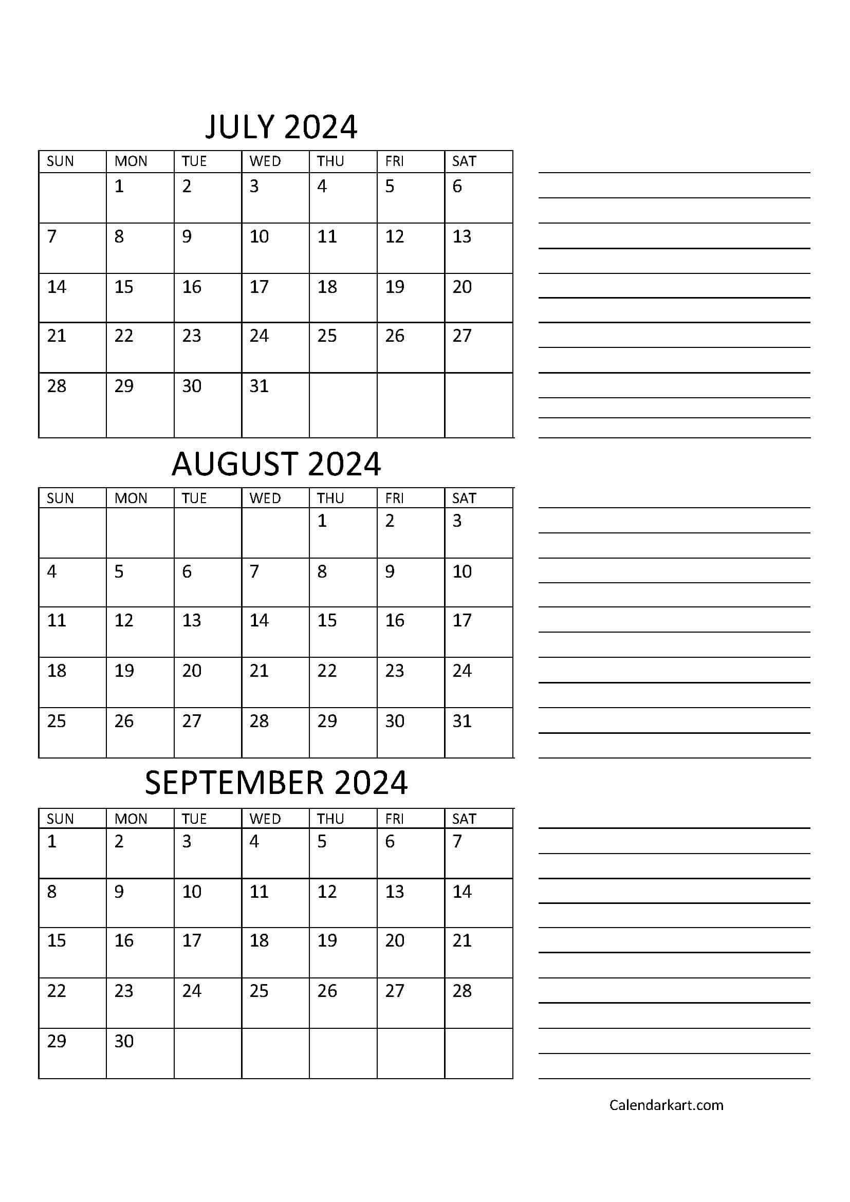 July To September 2024 Calendar (Q3) - Calendarkart in July August And September 2024 Calendar