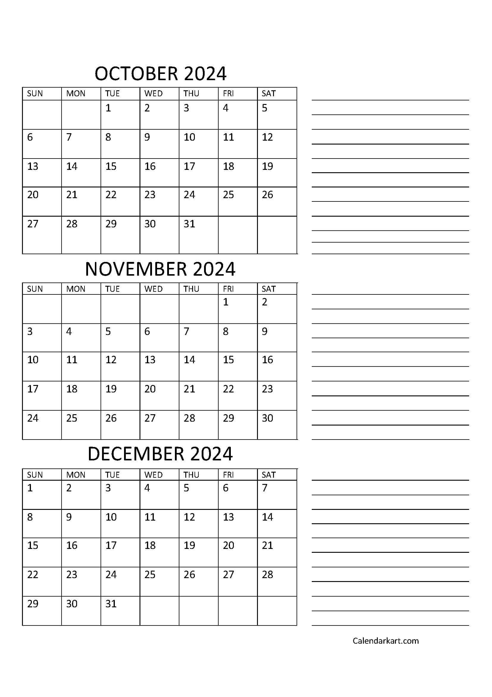 October To December 2024 Calendar (Q4) - Calendarkart inside Calendar 2024 September October November December