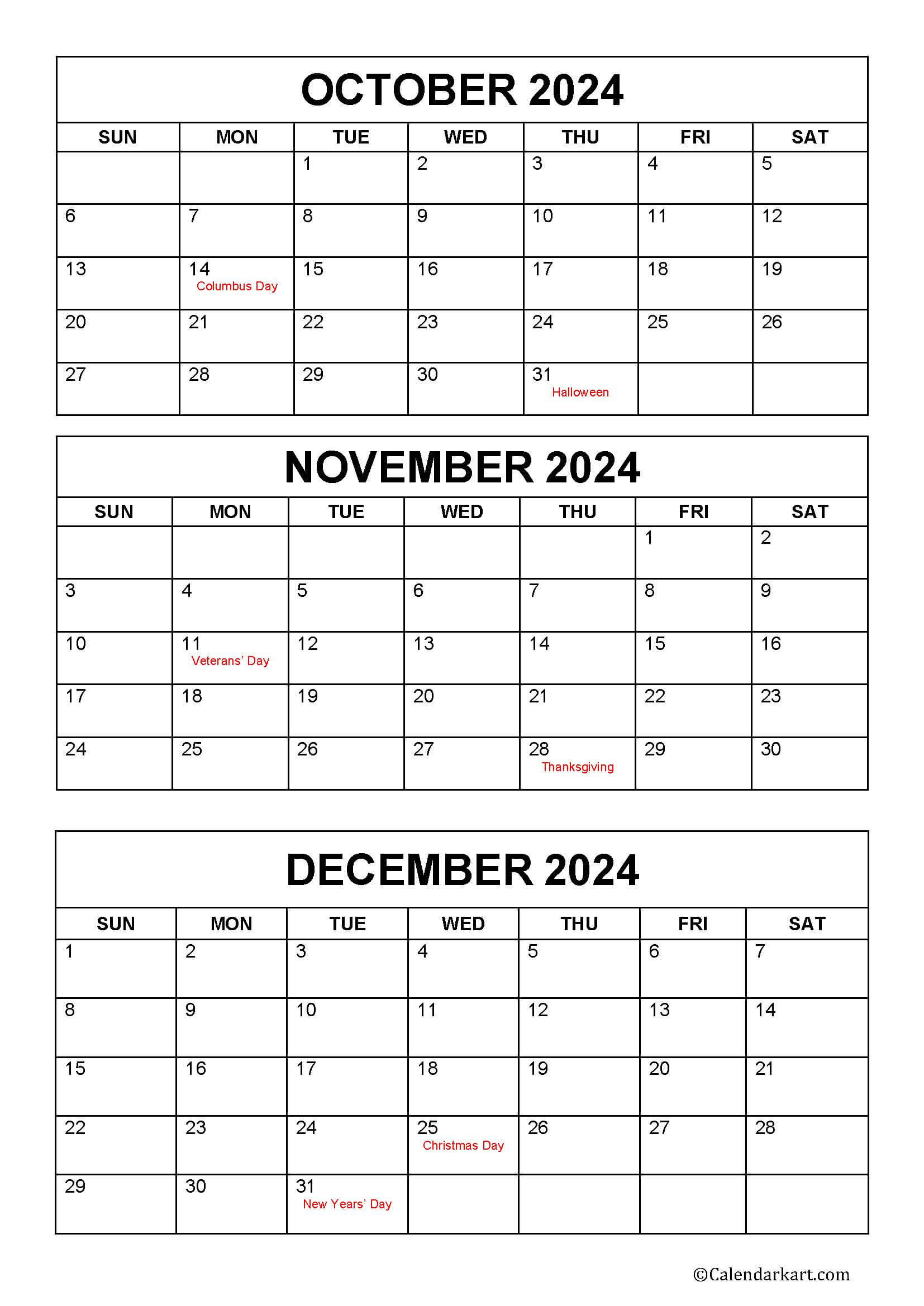 October To December 2024 Calendar (Q4) - Calendarkart intended for 2024 Calendar September October November December