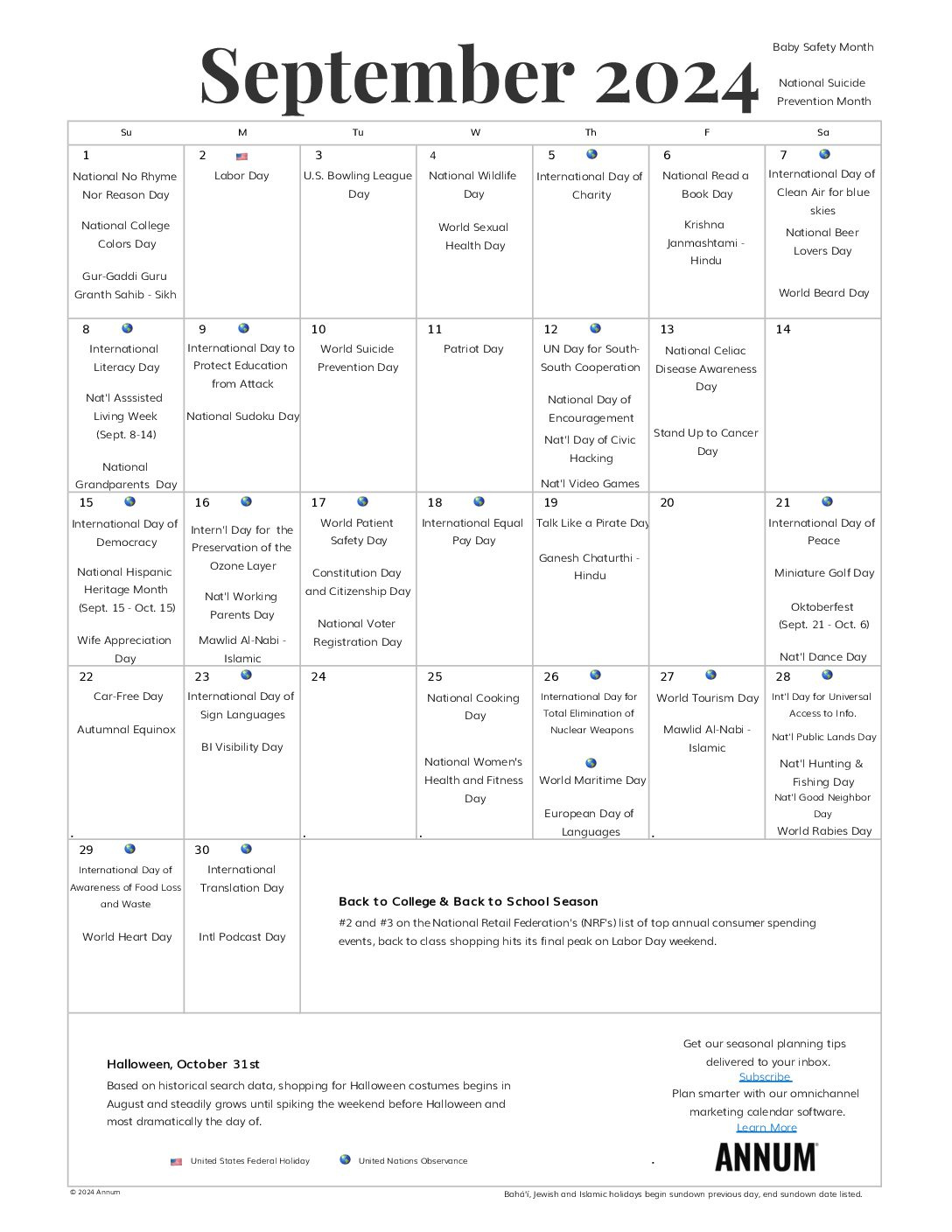 Printable September 2024 Calendar | September Holidays | Annum in September 2024 Calendar National Days