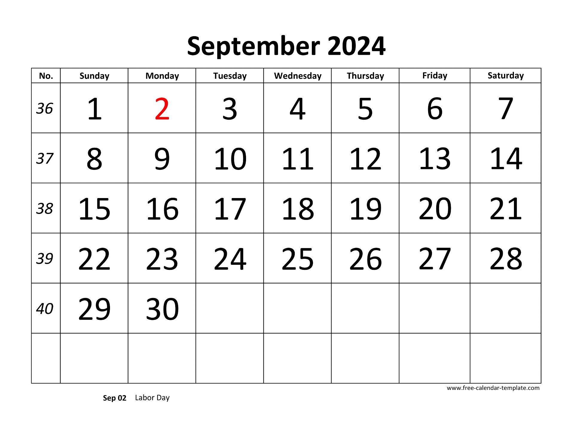 September 2024 Calendar Designed With Large Font (Horizontal in Large September 2024 Calendar