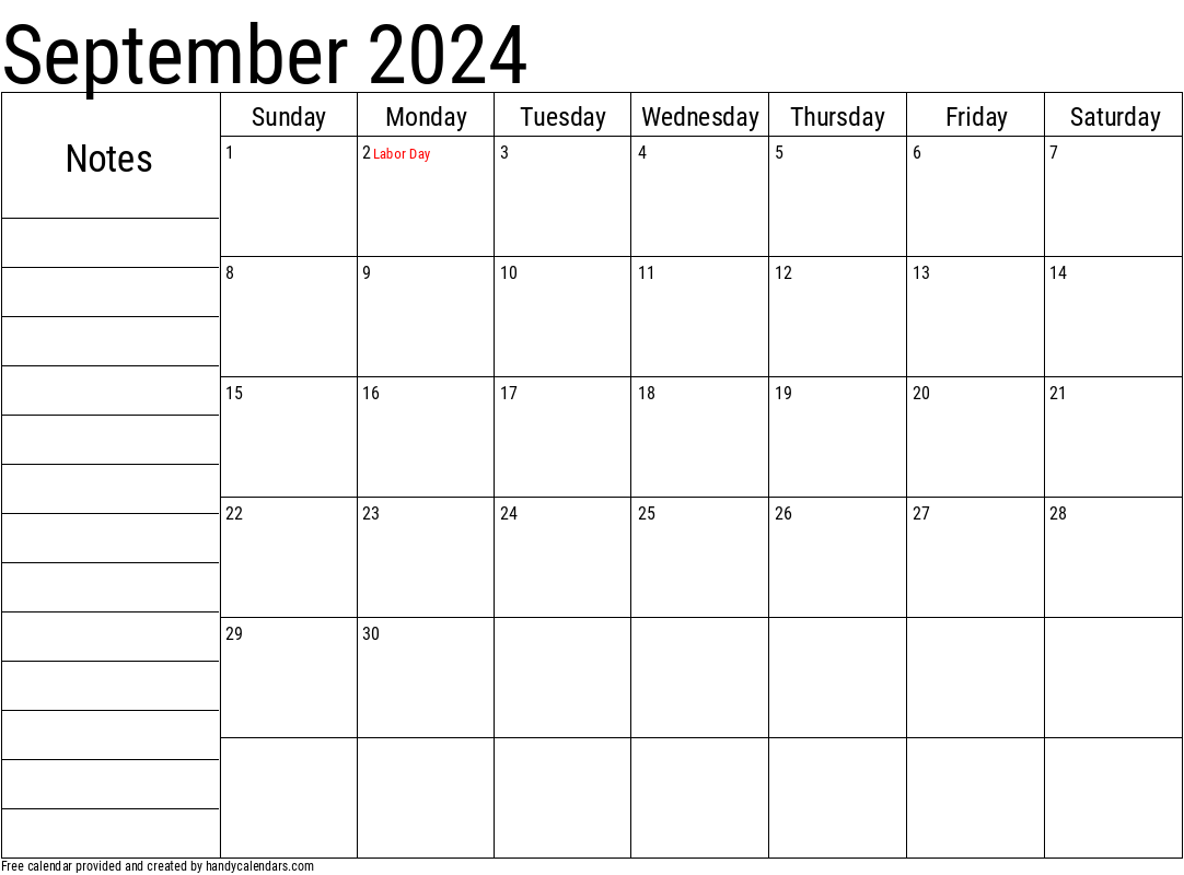 September 2024 Calendar With Notes And Holidays - Handy Calendars regarding September 2024 Calendar With Notes